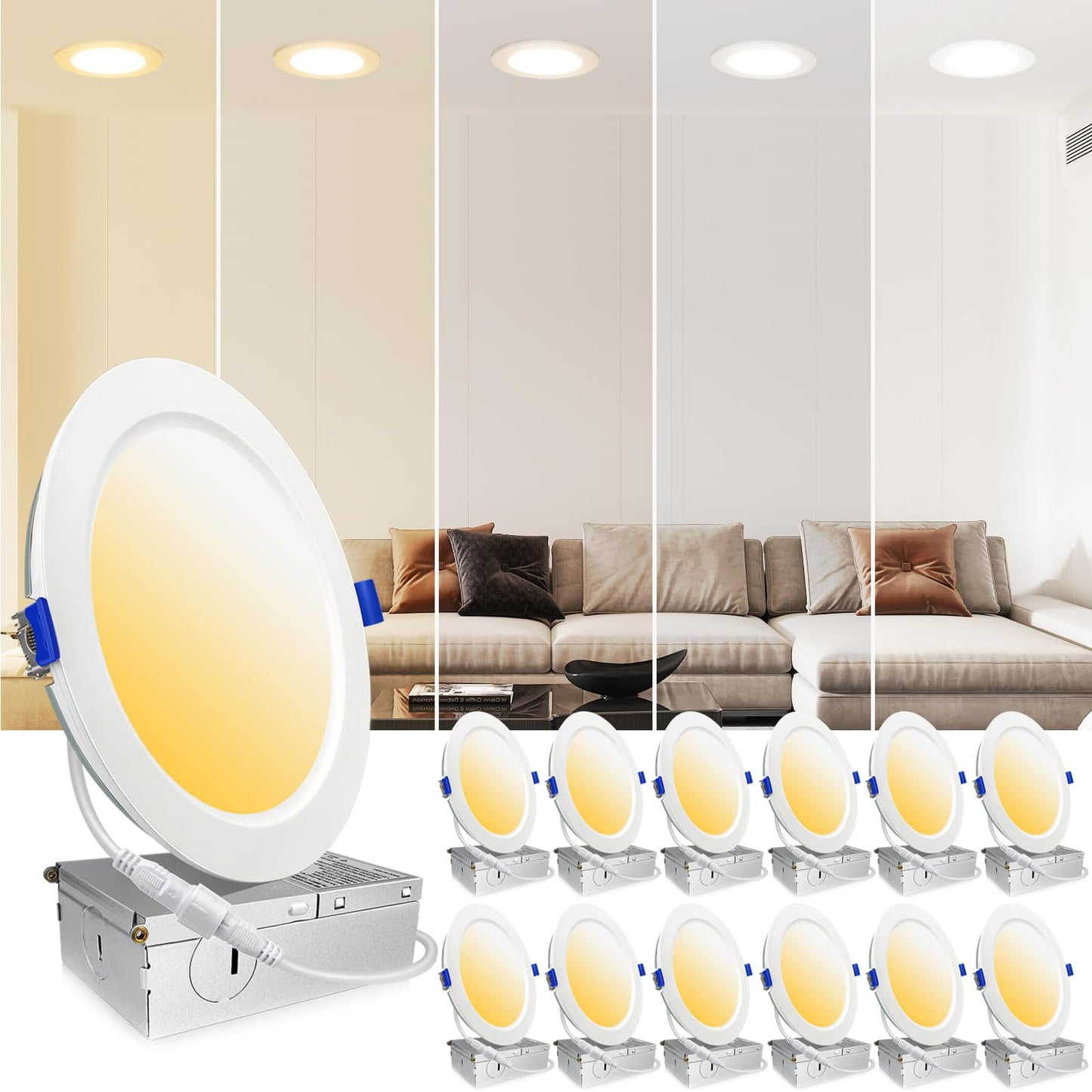 LTBLIGHT 12 Pack 16W MAX.2000LM LED Recessed Ceiling Lighting 6 Inch with Junction Box, Eqv.200W, 2700K/3000K/3500K/4000K/5000K Selectable,Dimmable Recessed Downlight-ETL & Energy Star Certified