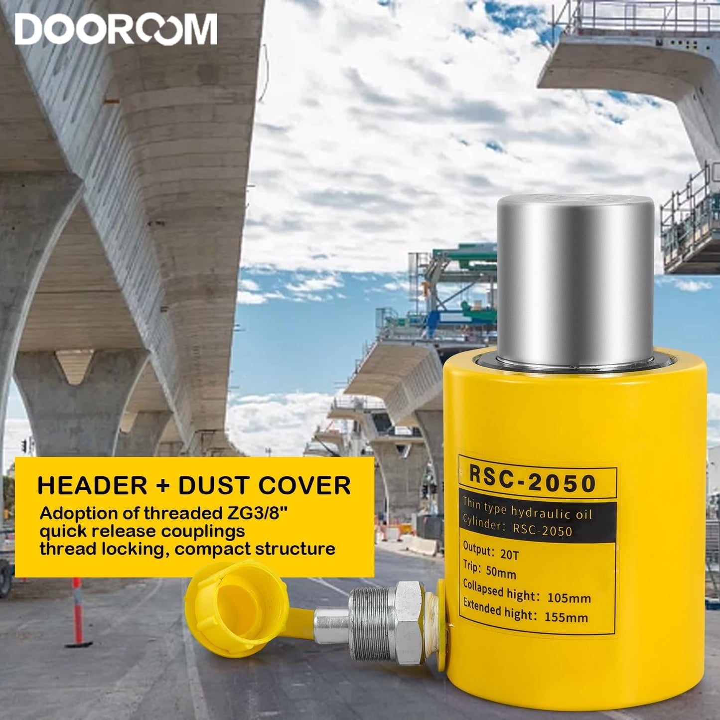DOOROOM 20 Ton Hydraulic Cylinder Jack, 2' Stroke Hydraulic Ram, Porta Power Ram Automatic Retracting Jack with CP-180, Yellow