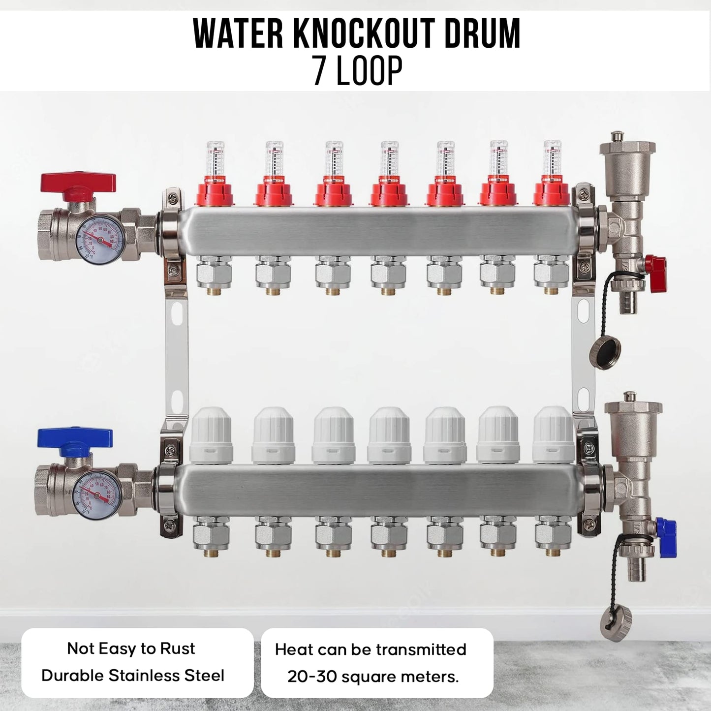 7 Loop PEX Plumbing Manifold - Stainless Steel Radiant Floor Heating Manifold - PEX Tubing Manifold With 2 Wire Actuators (1/2" PEX Adapters included)