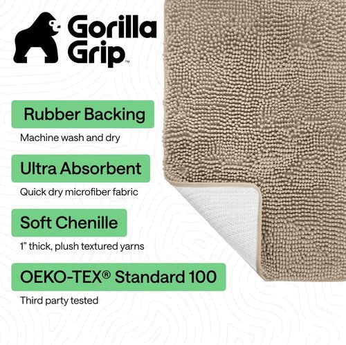 GORILLA GRIP Bath Rug Mat - Soft, Absorbent Chenille | Quick-Dry Microfiber, 30x20, Gray Beige