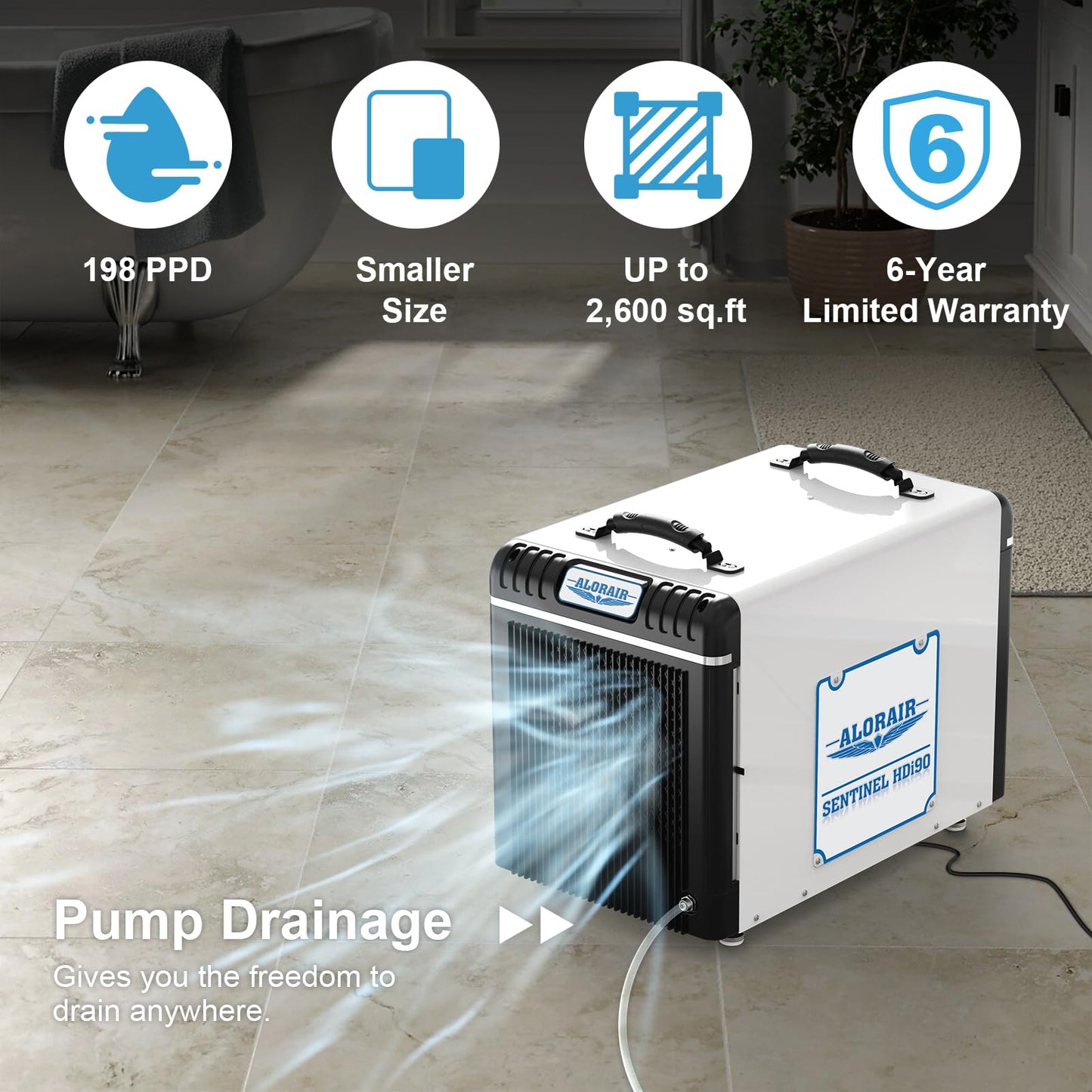 ALORAIR Basement/Crawlspace Dehumidifiers 198 PPD (Saturation), 90 Pints (AHAM), 6 Years Limited Warranty, Condensate Pump, Auto Defrosting, Rare Earth Alloy Tube Evaporator