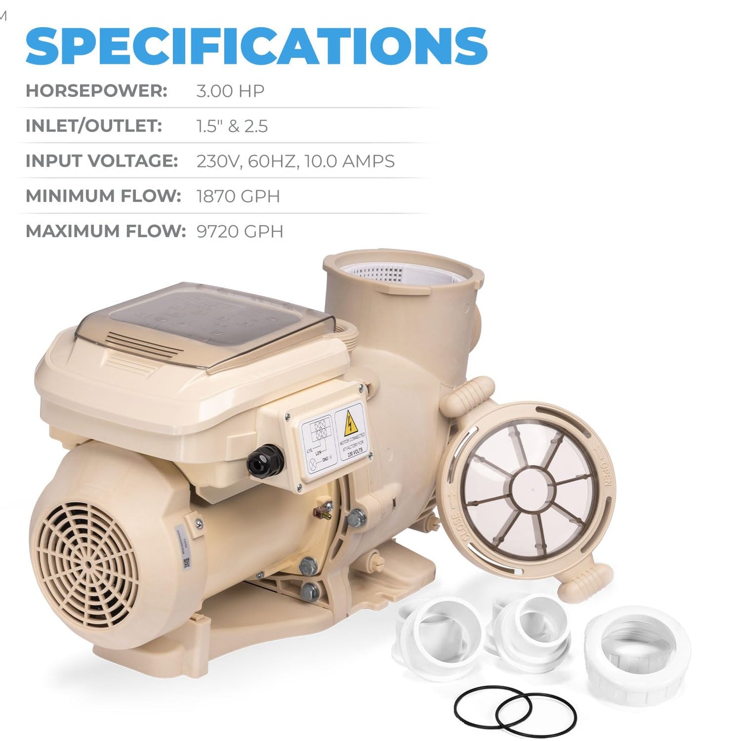 XtremepowerUS 3.0HP SuperFlow Variable Speed High-Flo Pool Pump In-Ground Pool Energy Efficient 230V, 9,720GPH 1-1/2” & 2” Adapter w/Timer, Compactible EC-342001