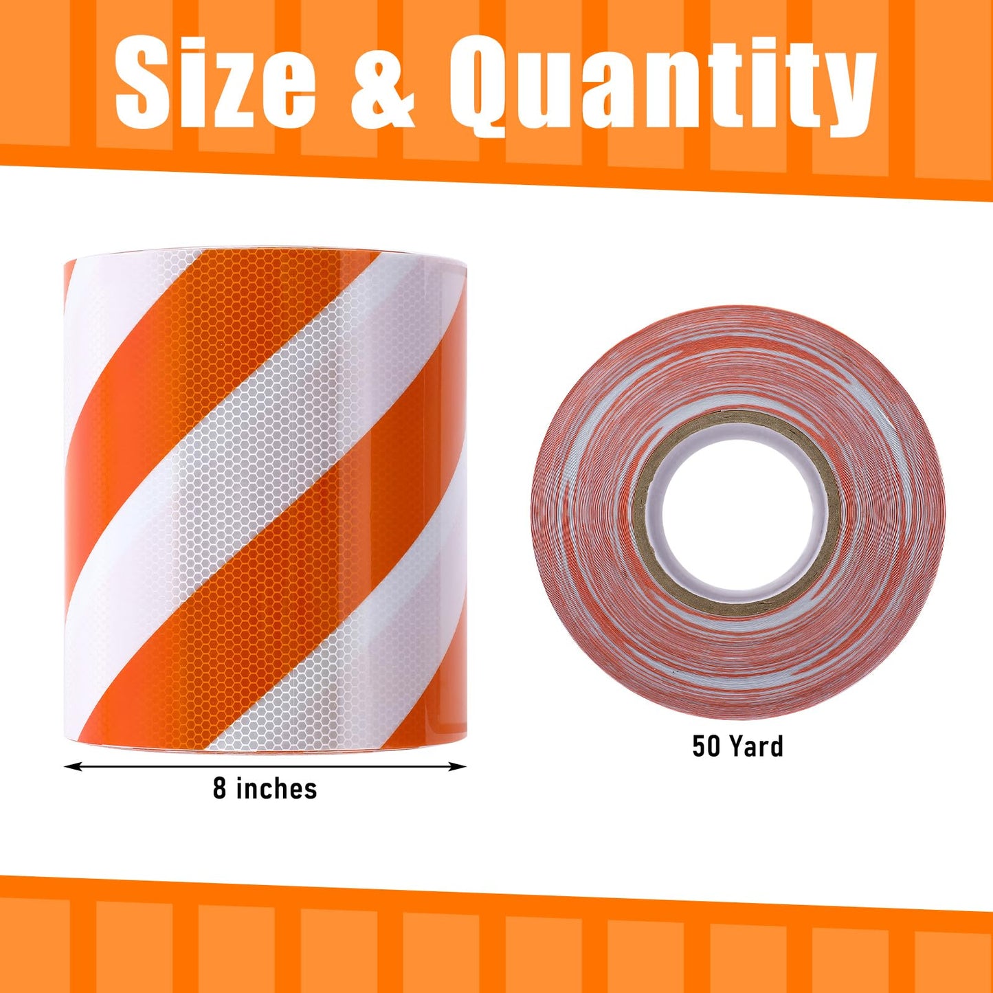 Klyyo Clyro Reflective Barricade Tape - 8" x 50 yd Orange White Stripe Engineering Grade High-Visibility Warning Safety Marking Sheeting for Outdoor Waterproof Hazard Conspicuity