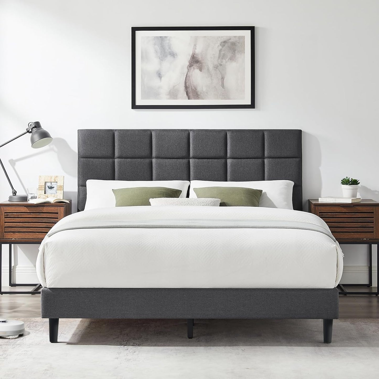 Susalt Full Size Platform Bed Frame - Upholstered Headboard, Linen Fabric, No Box Spring Needed, 800LBS Capacity, Grey