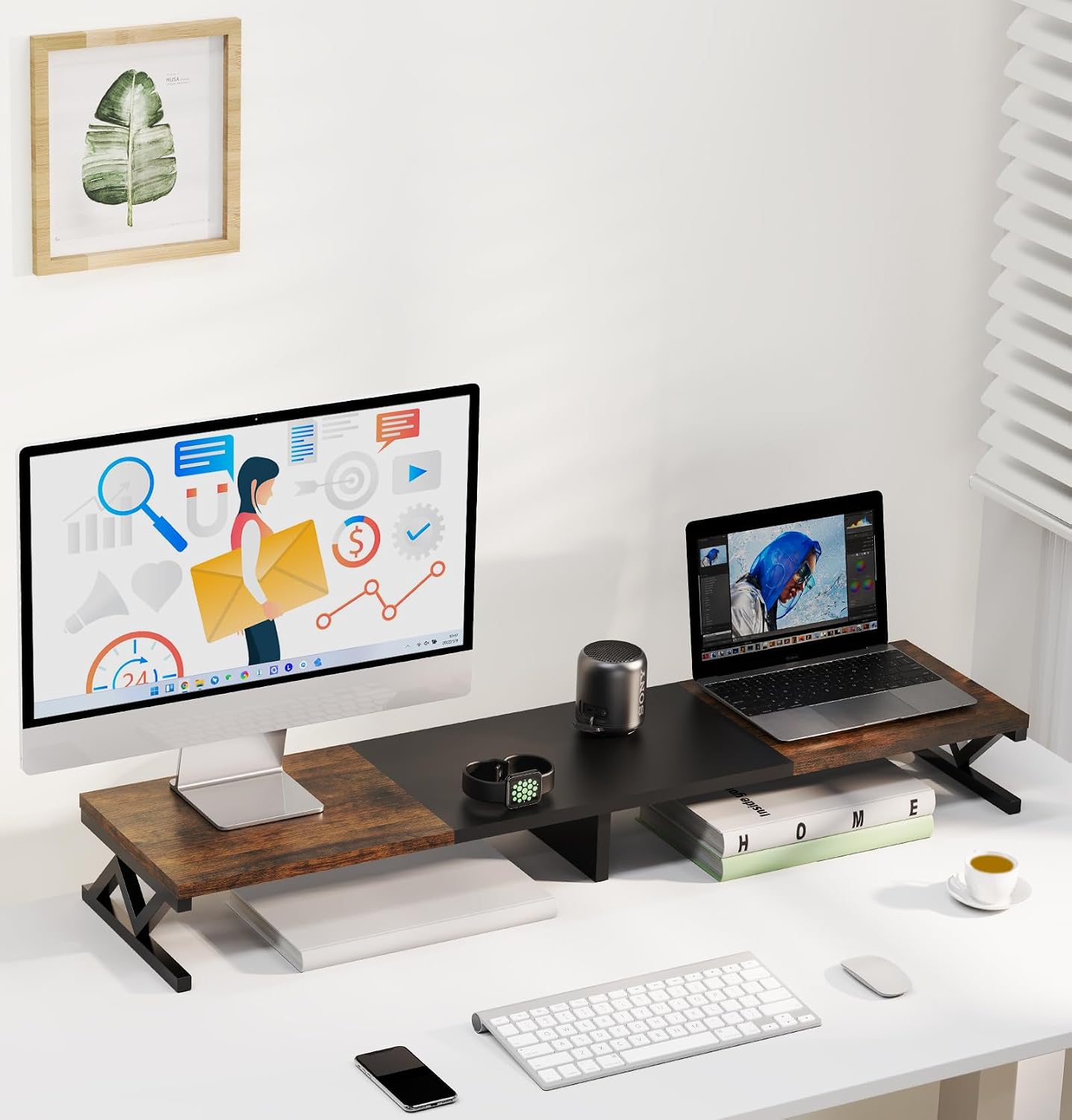 2 Dual Monitor Stand Riser, Large Wood Monitor Riser for Monitors, Monitor Lift with Storage for Desk, Sturdy