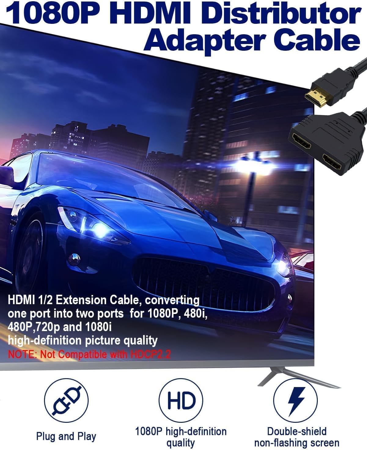 Flsazrx 1 2 1 2 Hdmi Splitter in Out Adapter Cable -HDMI Splitter Male to Dual HDMI Female to Way for HD, LED, LCD, TV