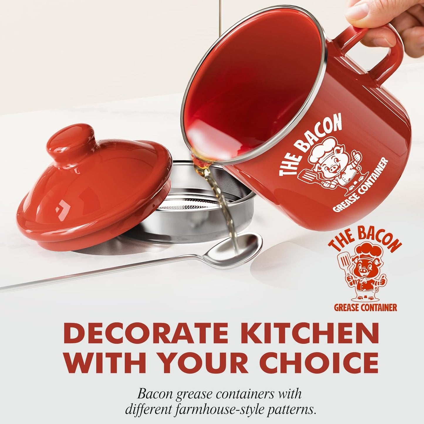 PGYARD Mini Bacon Grease Saver - 15oz Enamel Container with Strainer | Farmhouse Kitchen Fat Keeper, Dishwasher Safe - Red