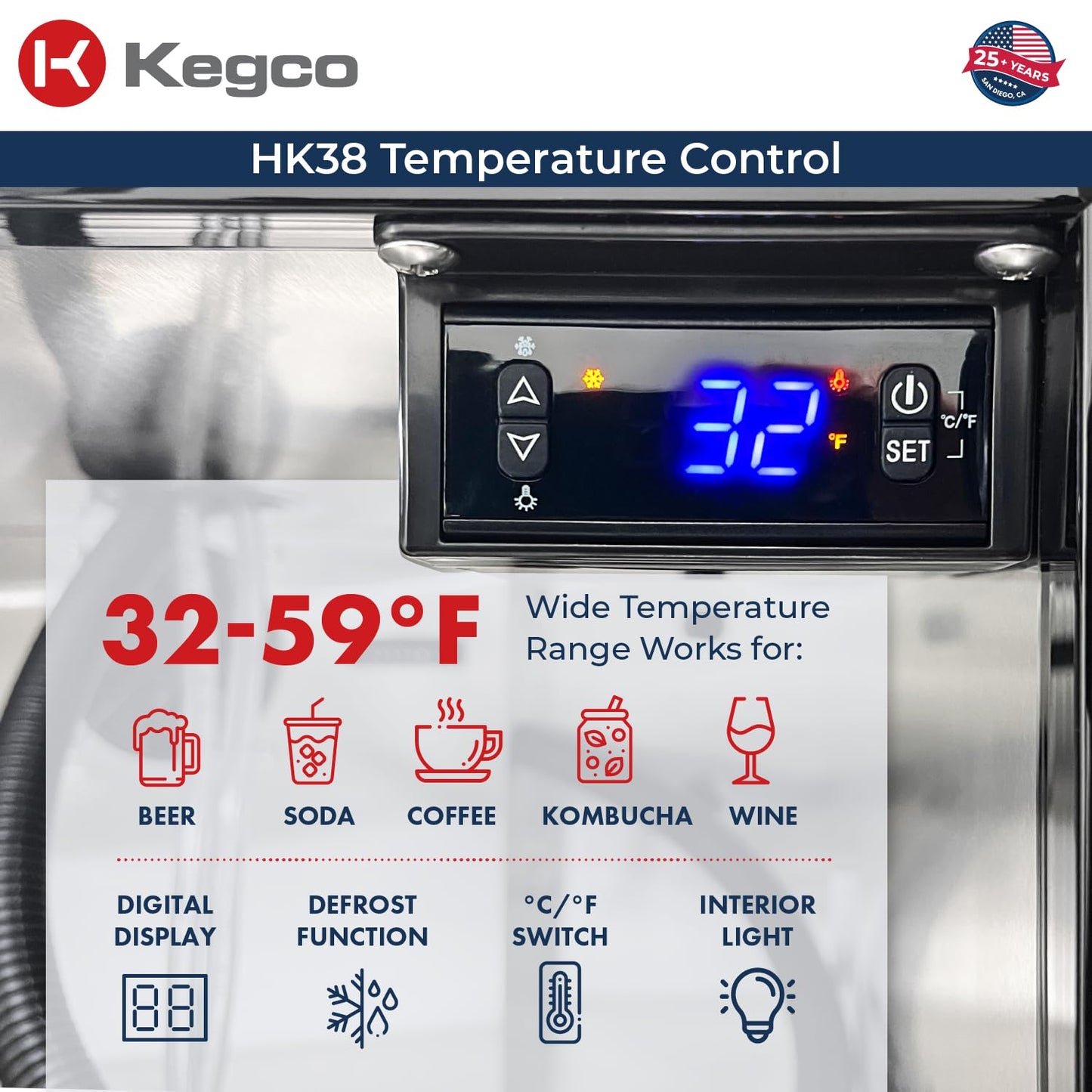 Kegco Kegerator 24" Wide Dual Tap Black/Stainless Steel Commercial Beer Dispenser HK38BSC-L-2