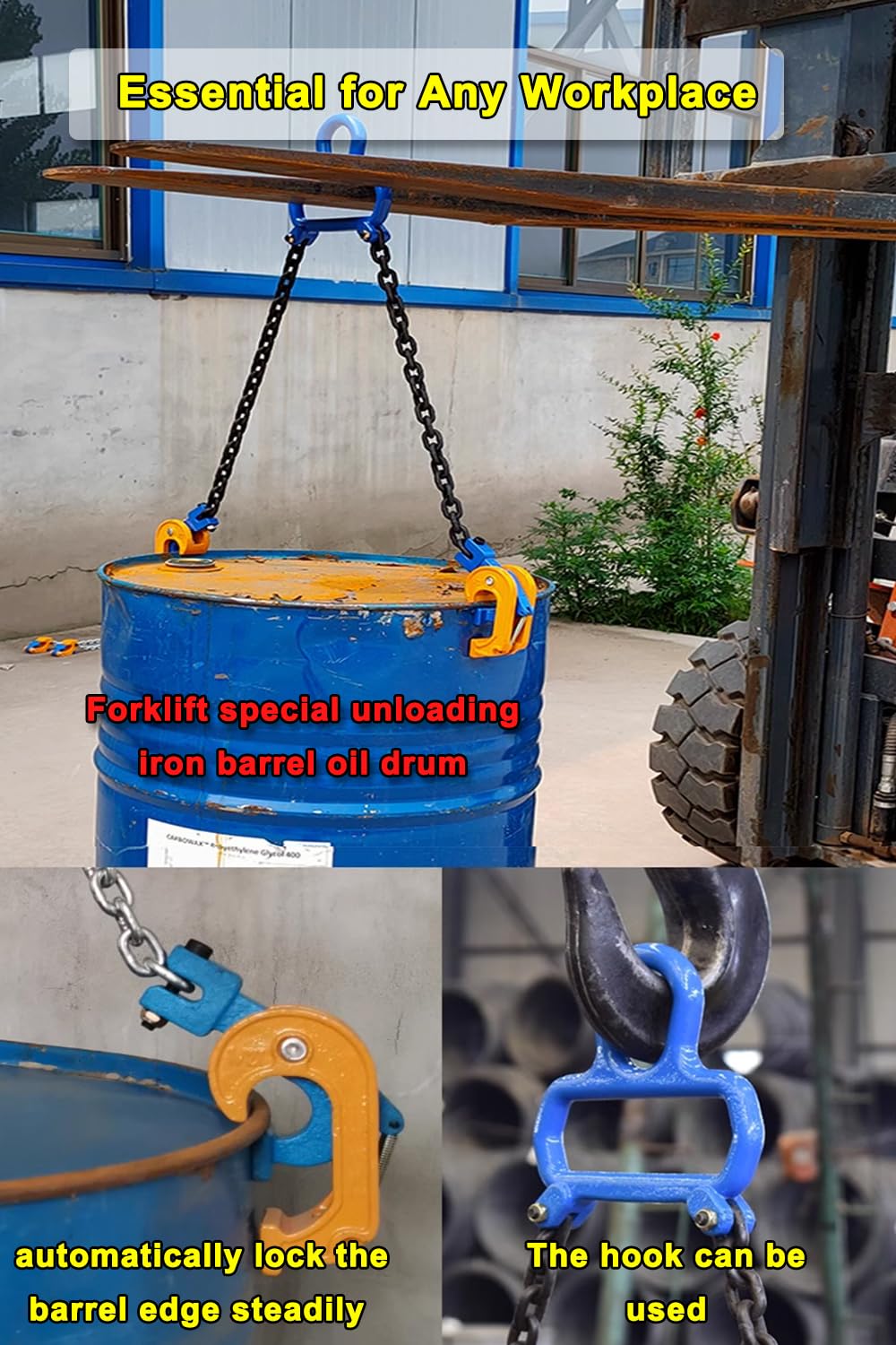 1Ton Barrel Lifting Chain for Plastic & Steel Drums 2204LBS 20in Length, 2 Hooks Chain Drum Lifter Barrel clamp for 30 & 55 Gallon Metal/Plastic Drum Barrel, Fits for Crane, Forklift【1T- 2Hooks】