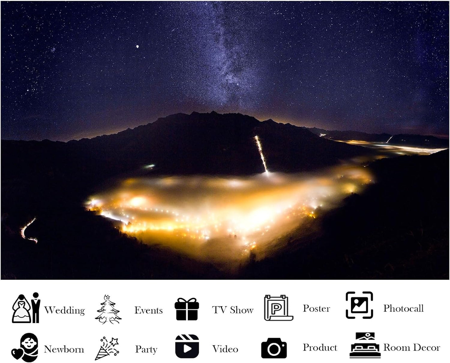 LidyMini 10x8ft Fabric Alpine Valley Starry Night Backdrop Milky Way Foggy Town Lights Photography Background Mountain