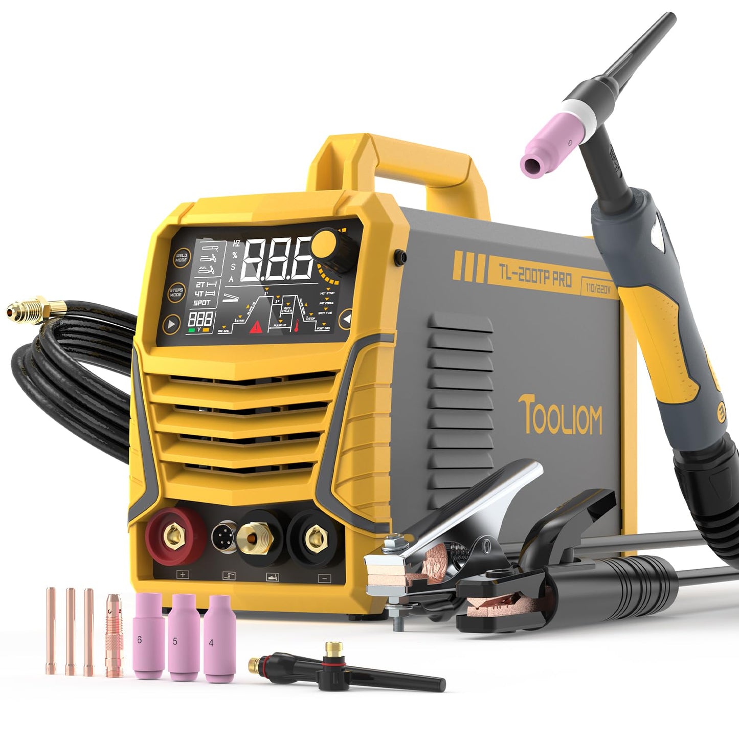 TOOLIOM 200A TIG Welder with Pulse, 4 in 1 Multifunctional TIG Welding Machine DC TIG/Spot TIG/Pulse TIG/Stick 110&220V Dual Voltage with Large Digital Display