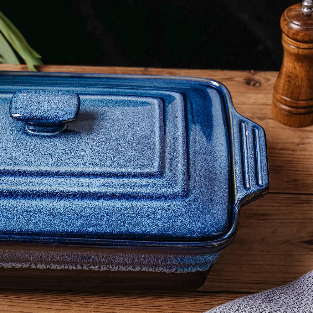 KOOV Ceramic Casserole Dish With Lid, Covered Rectangular Set, Lasagna Pan for Cooking, Baking Dish for Dinner, Kitchen, 9 x 13 Inches, Reactive Glaze (Nebula Blue)