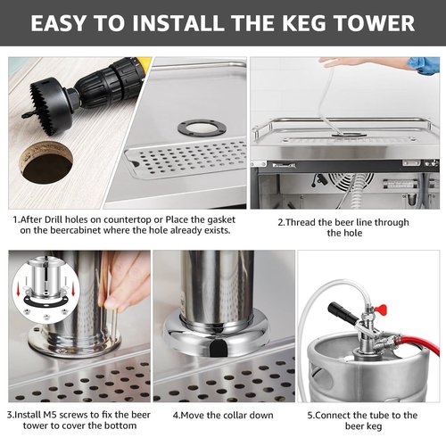 New Adjustable Dual Tap Kegerator Tower Beer Tap Tower with 1/4" Barb, 3" Draft Beer Dispenser Keg Tower, 304 Stainless Steel Core Self-Closing Beer Faucet with Pre-Assembled Kegerator Parts Kits