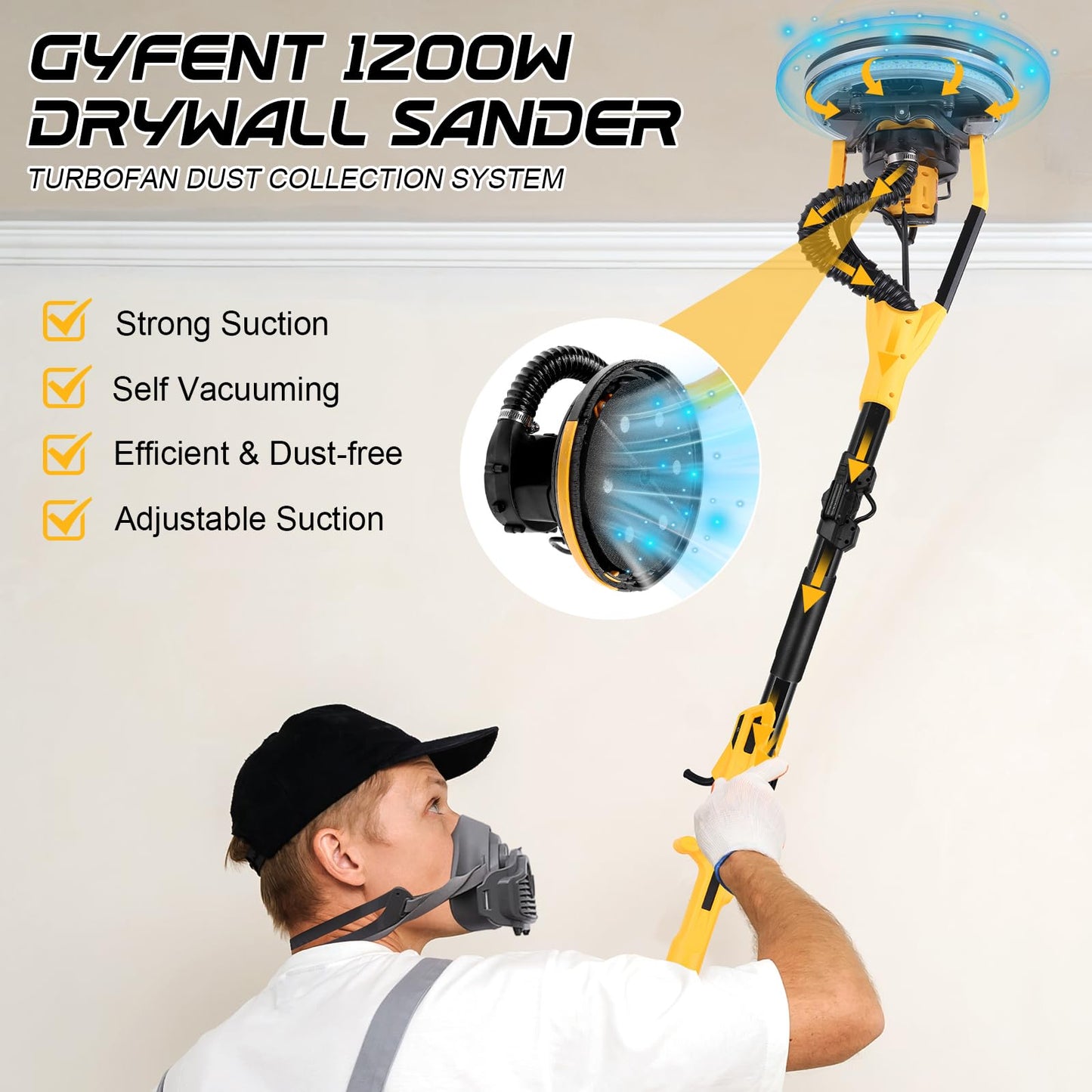 Gyfent Brushless Drywall Sander, 1200W 10-Amp Popcorn Ceiling Removal Tool with 800-2200RPM 8 Variable Speed 12pcs Sanding Discs Drywall Sander with Vacuum Dust Collector LED Light for Ceiling Sanding