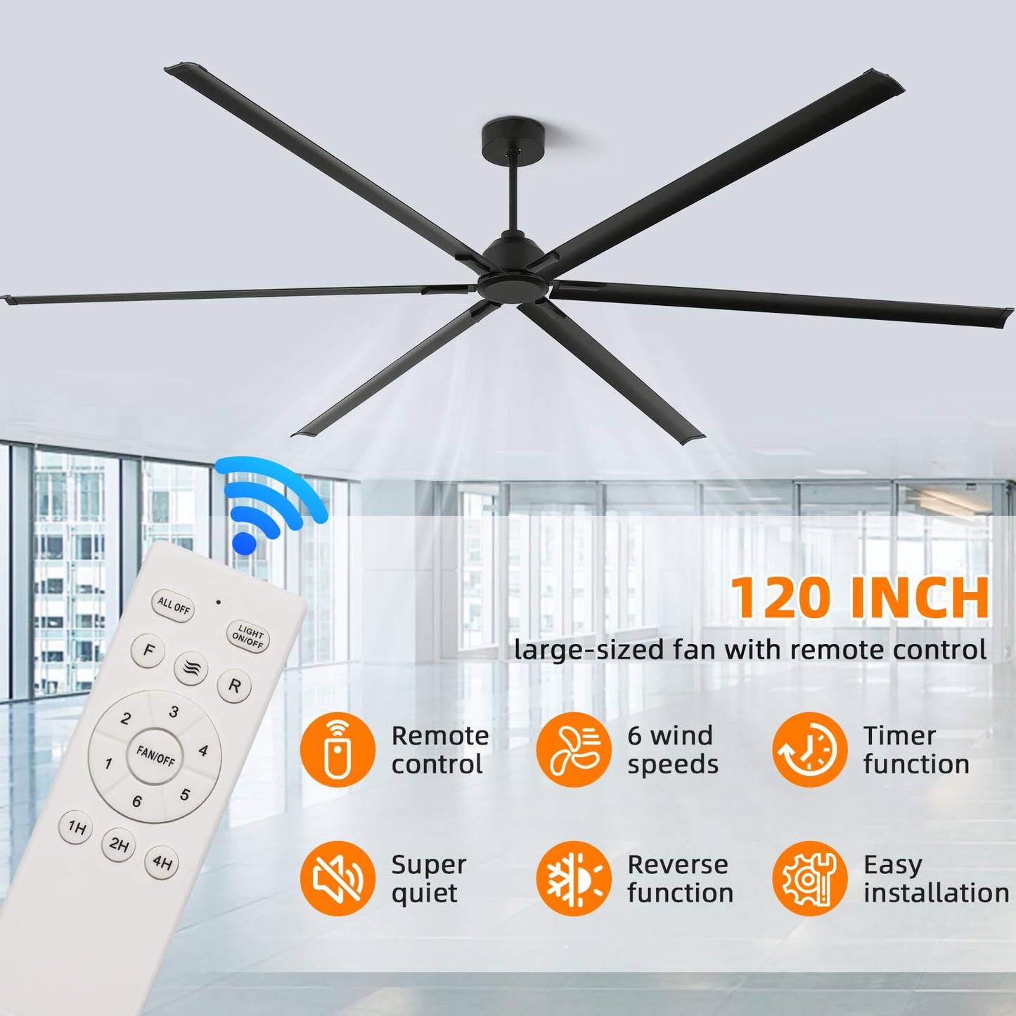 120 Inch Large Ceiling Fan, HVLS Commercial Fan with DC Reversible Motor, 6-Speed Industrial Fans Heavy Duty, Aluminum Blades, Timer, 10/20/40 Inch Downrods for Shop/Gym/Warehouse/Barn (120 inch)