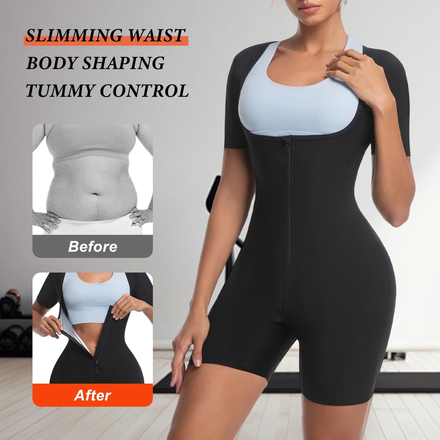 Meiosuns Sauna Sweat Suit for Women Weight Loss Waist Trainer Full Body Compression Sweat Suit 4 in 1 Slimming Heat Trapping Sauna Shirt for Workout Bodysuit Gym Fitness Shaper Thighs (Silver,L)