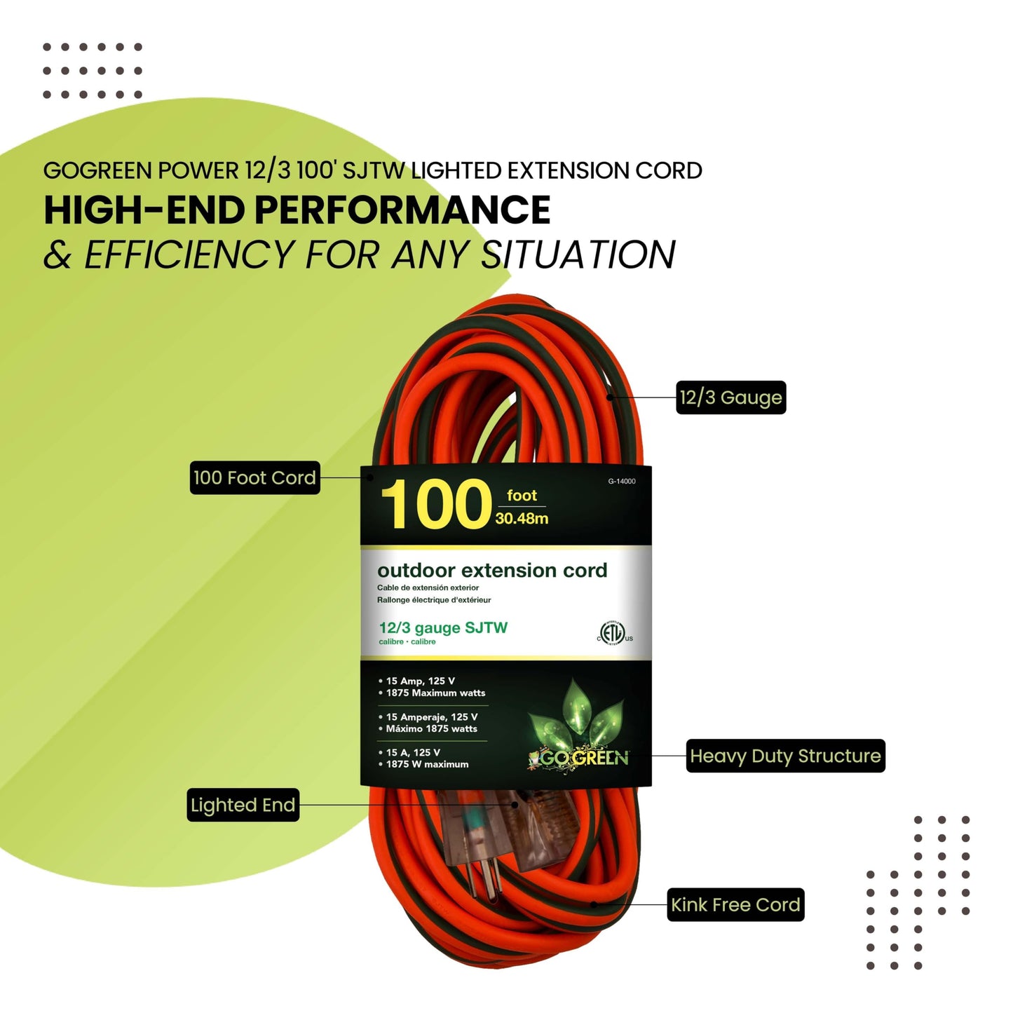 Go Green Power Inc. (G-14000) 12/3 SJTW Outdoor Extension Cord, Lighted End, Orange, 100 ft