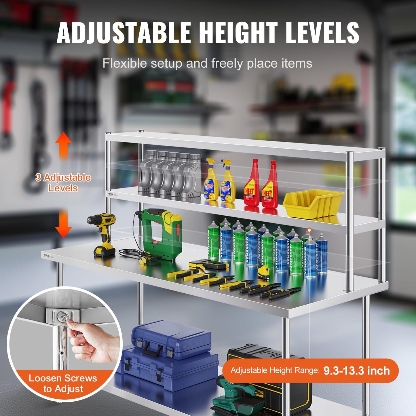 VEVOR Double Tier Stainless Steel Overshelf, 12 x 72 Inch Double Deck Height Adjustable Prep Work Table for Kitchen, Restaurant and Workshop