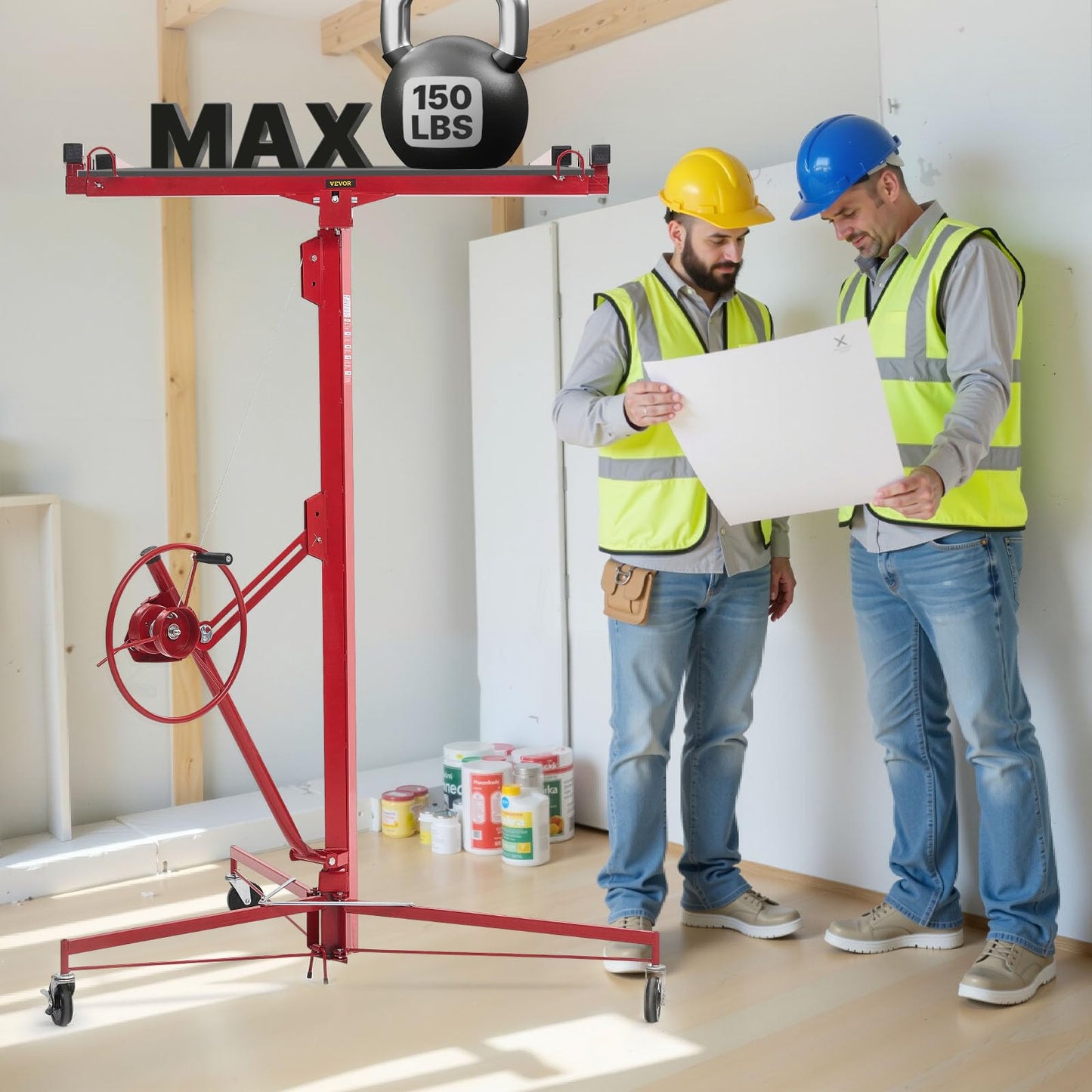 VEVOR 16ft Drywall Lift, Heavy-Duty 150 lbs Sheetrock Hoist with Adjustable Telescoping Arm, Lockable Wheels, Drywall Lifter Panel Jack Hoist Tools Ideal for Ceiling & Wall Installation (Red)