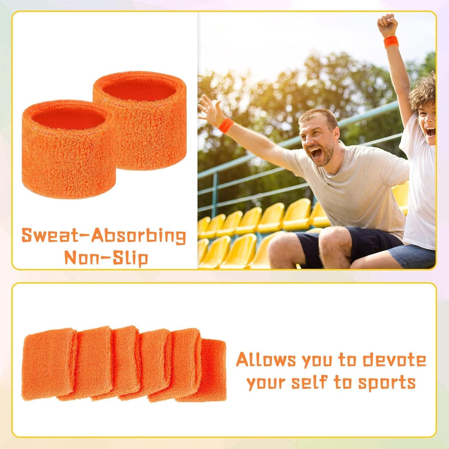 Leyndo 72 Pcs Wrist Sweatbands Bulk for Kids Field Day Terry Cotton Sweat Bands Sports Wristbands Kids for Summer Camp Student Football Team Competition Party (Orange)