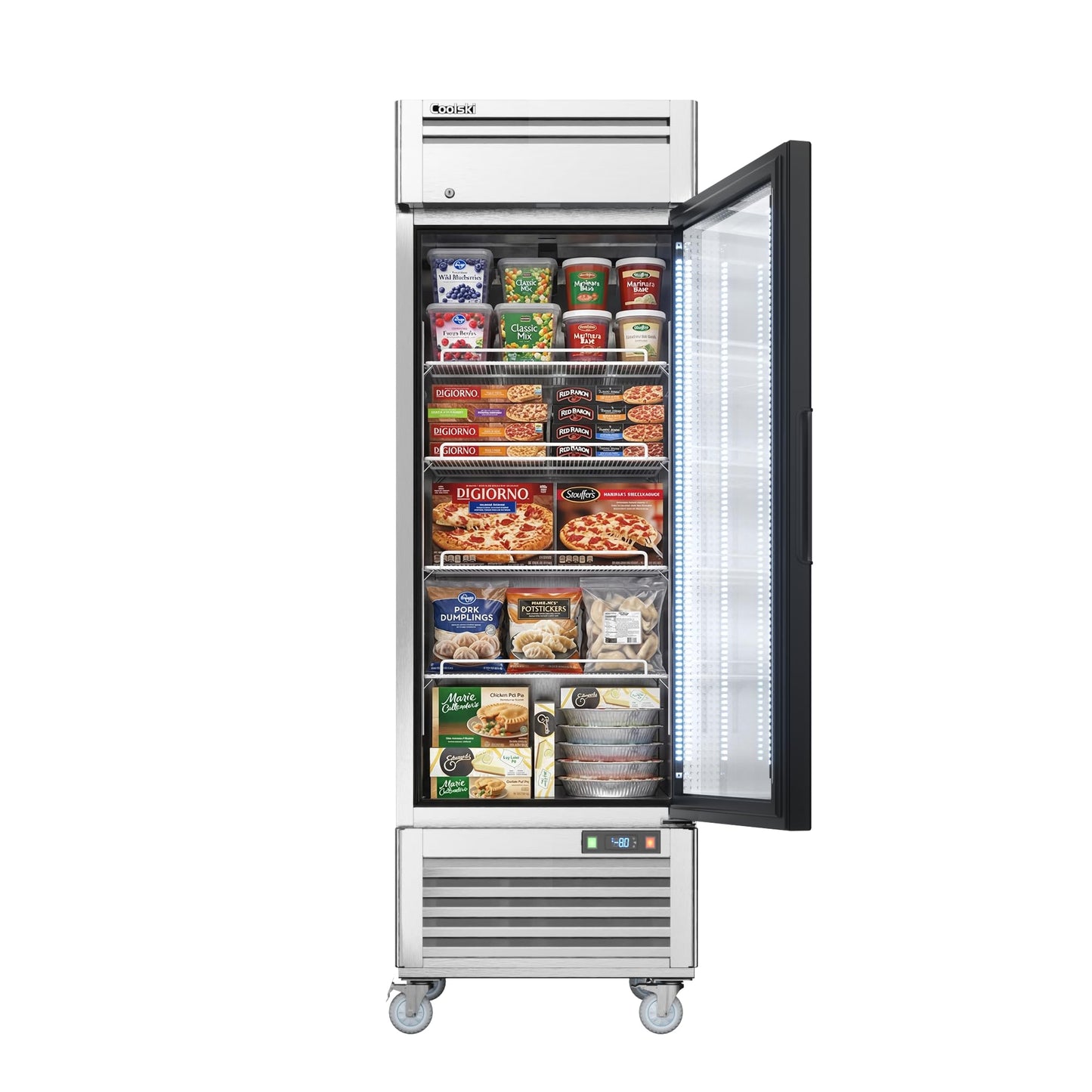 Coolski Commercial Display Freezer with Single Glass Door, 21.8 Cu.ft. Upright Merchandiser Freezer for Ice Cream and Frozen Food, Adjustable Shelves, Auto Defrost, LED Lighting, ETL DOE Certified
