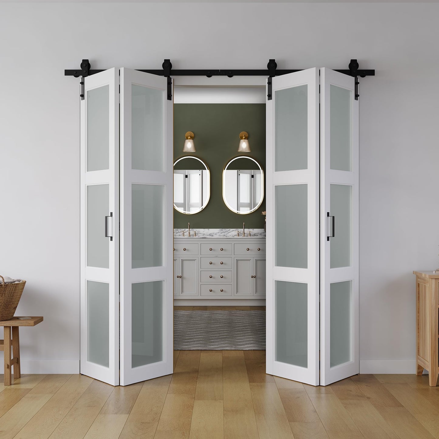 SMARTSTANDARD 72in x 84in Bifold Barn Door, Frosted Glass Barn Door with Hardware Kit Included, Pre-Drilled Holes Easy Assembly -Solid Barn Doors Slab Covered with Water-Proof PVC Surface, White