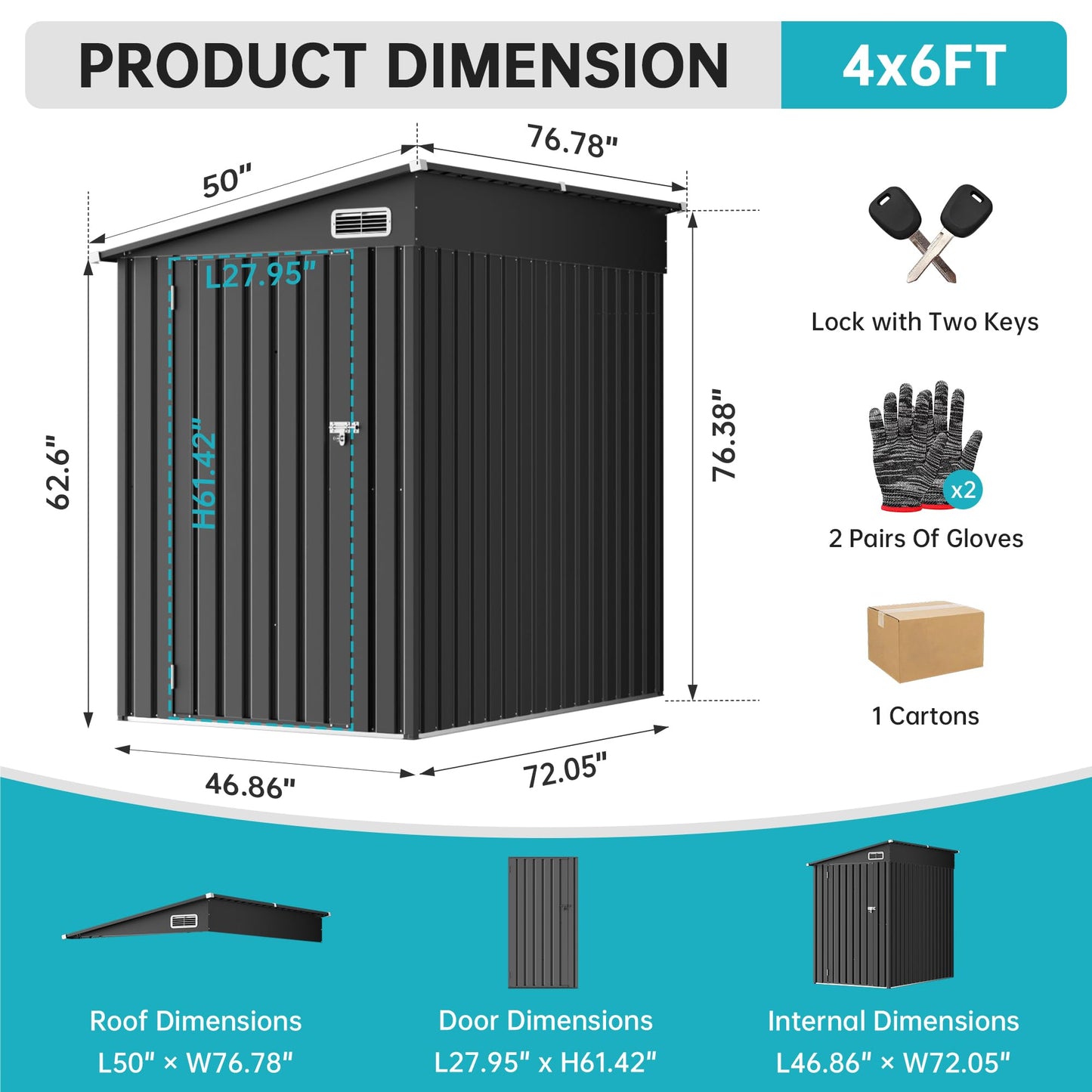 4x6 Lean to Yard Storage Shed, Outdoor Metal Wall Side Bike Shed with Lockable Door for Tool Garden for Patio Lawn Yard, Black
