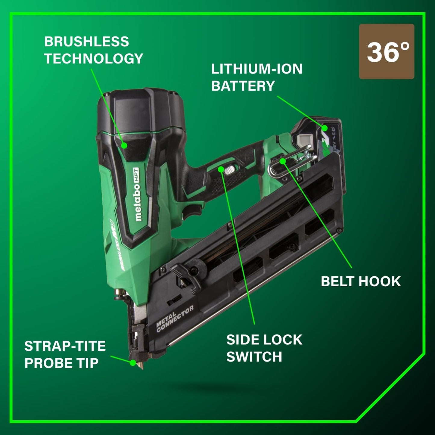 Metabo HPT 36V MultiVolt Cordless Metal Connector Nailer, Power Tool MultiVolt 36V 2.5 Ah Li-ion battery, Pro Tools Innovation Award Winner, Drives 1-1/2" to 2-1/2" Nails, 900 per Charge, NR3665DA