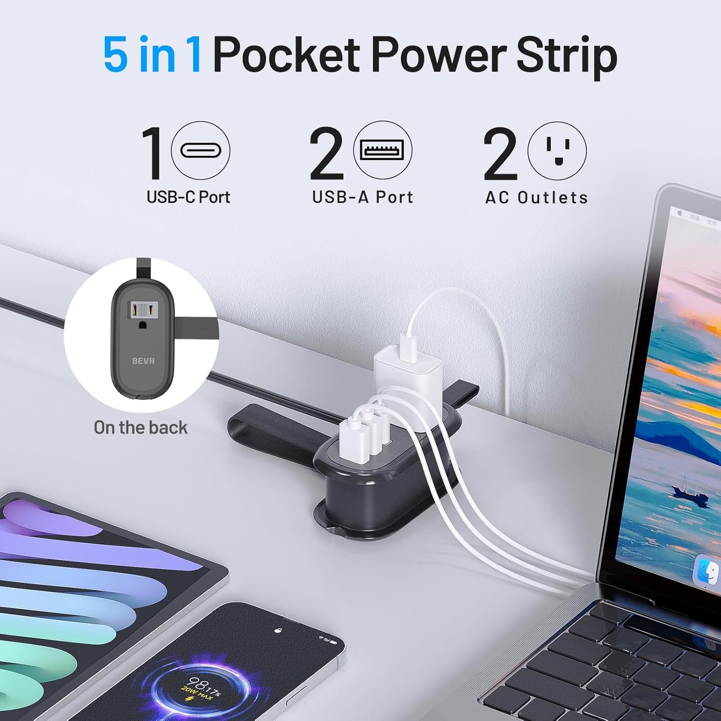 BEVA 4FT 2 3 (3.4A Travel Power Strip with USB C Ports, Extension Cord, Outlets, USB Ports, Cruise Ship Essentials