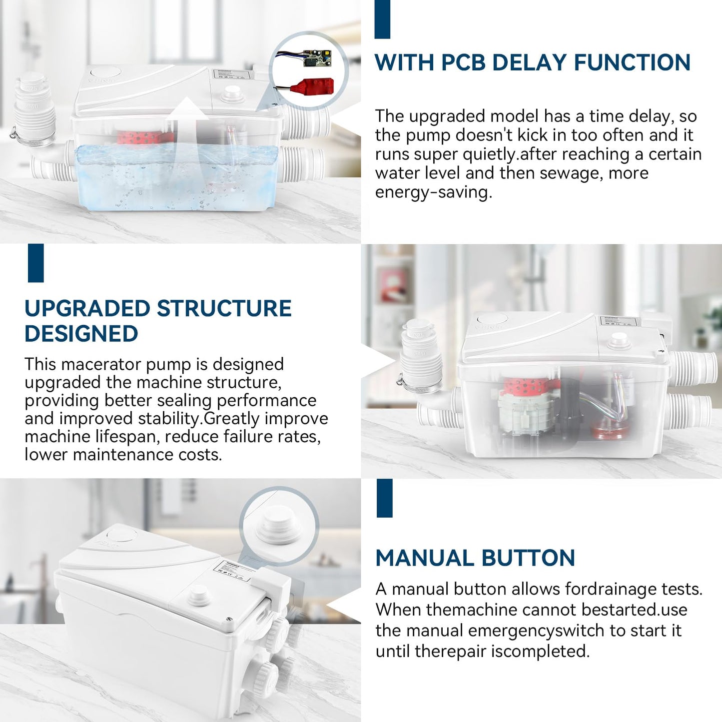 500W Utility Sink Pump with PCB Function Upgrade Structure Upflush to 23FT 1600GPH Under Sink Pump with 3 Water Inlets 1 Outlet Macerating Toilet System for Sink Shower Urinal Kitchen Basement