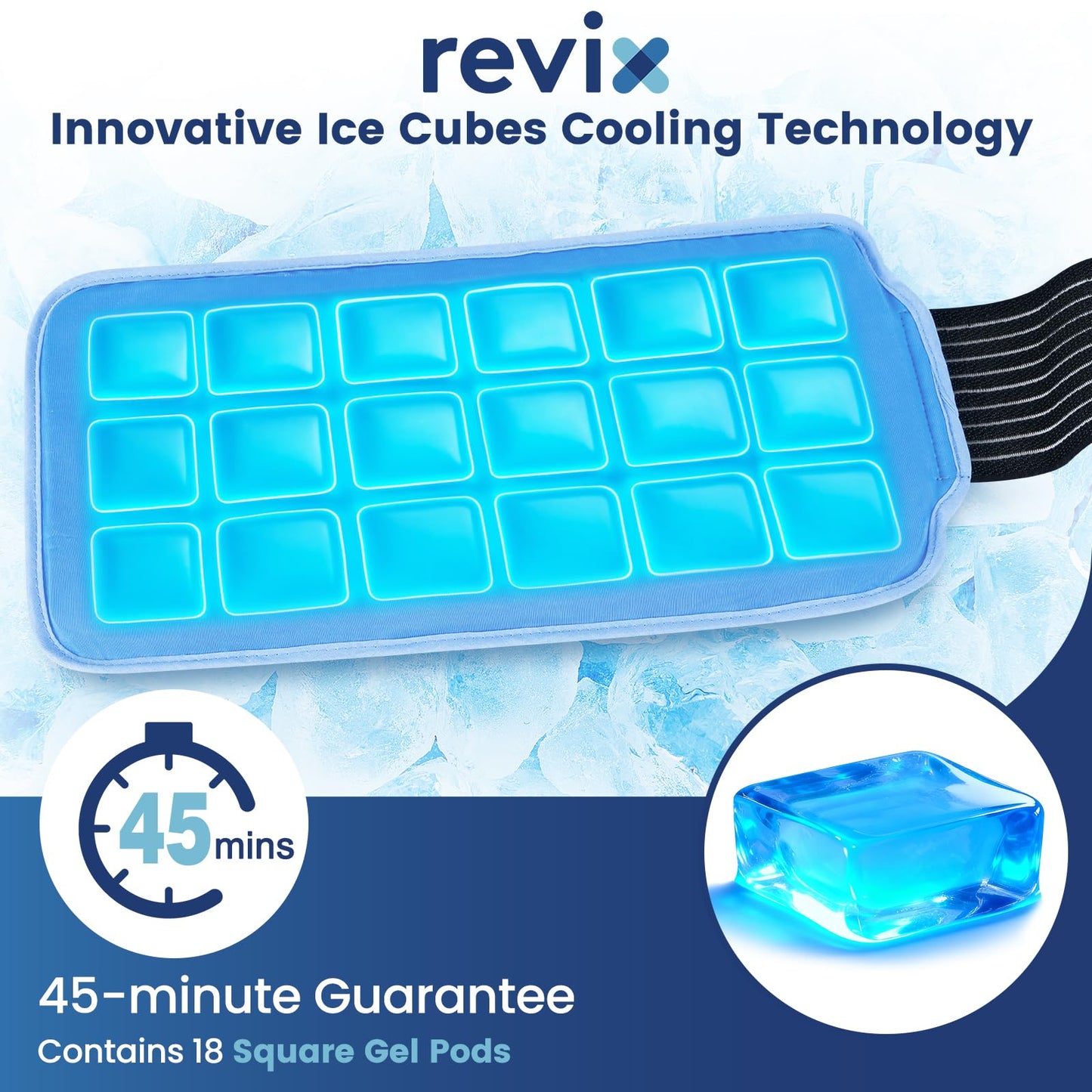 REVIX Ice Pack for Injuries Reusable (14 × 7") with Elastic Strap, 45-Minute Long-Lasting Gel Cold Pack for Knee, Shoulder, Back with Ice Grid Gel Design, Flexible Ice Wrap, Universal Use for Arm, Hip