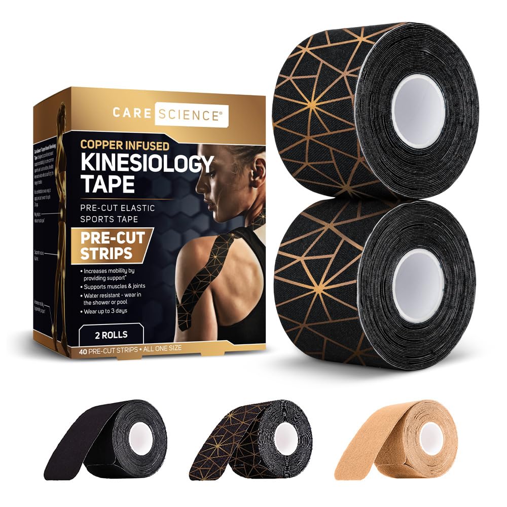Care Science Waterproof Kinesiology Tape, 40 ct Precut Strips (2 Rolls), Copper Infused | Water Resistant Strips, Elastic Athletic Tape for Sports & Weightlifting, Muscle Strain Relief & Joint Support