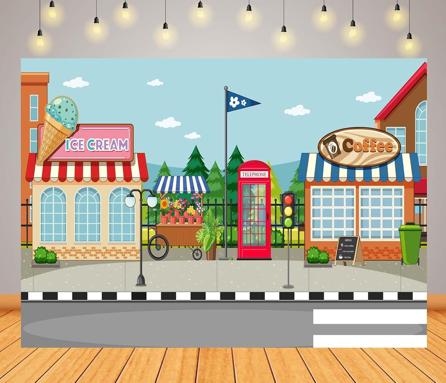 CORFOTO 10x8ft Fabric Town Street Backdrop Ice Cream Coffee Shop Red Phone Booth Urban Scene Photography Background