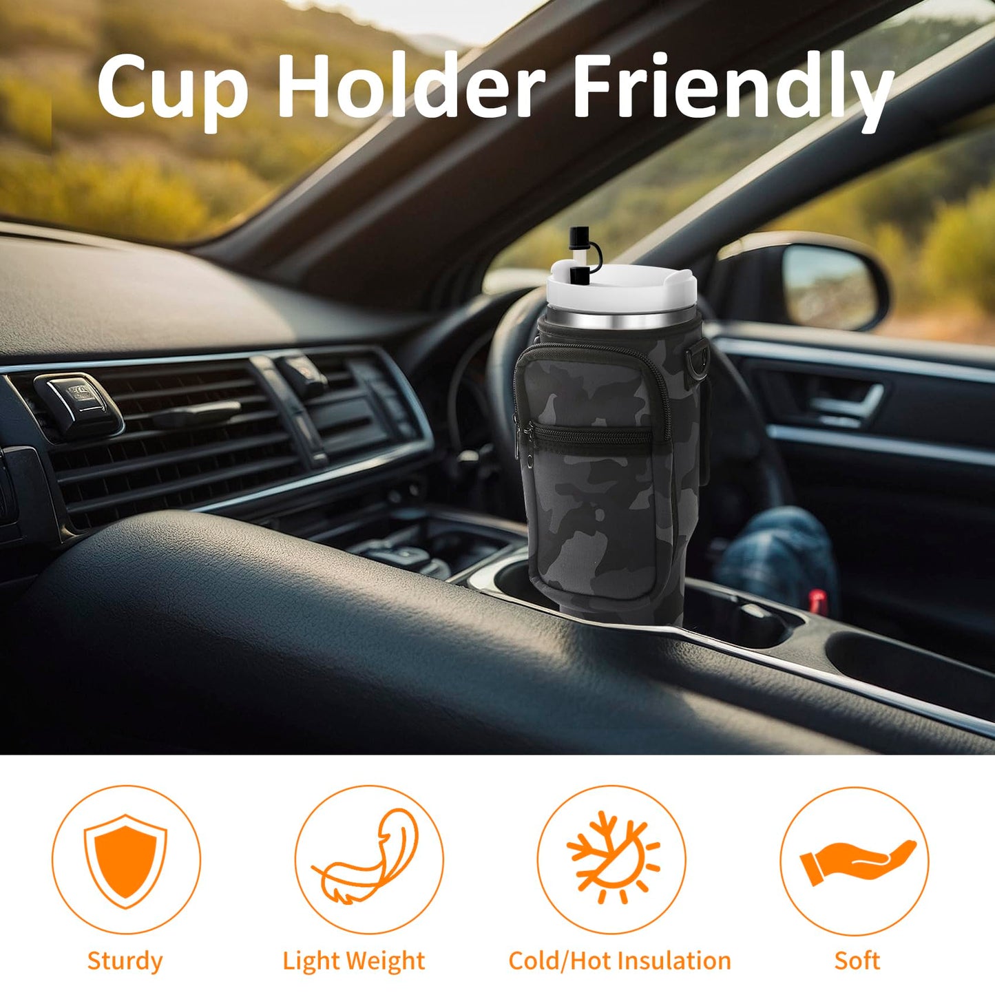 AceTreker 30 40 oz Water Bottle Holder for Stanley Tumbler with Handle, Neoprene Vacuum Travel Coffee Mug Carrier Pouch with Paracord Handle, 2 Pockets, Straw Cover for Car Gym Work-Black Camo