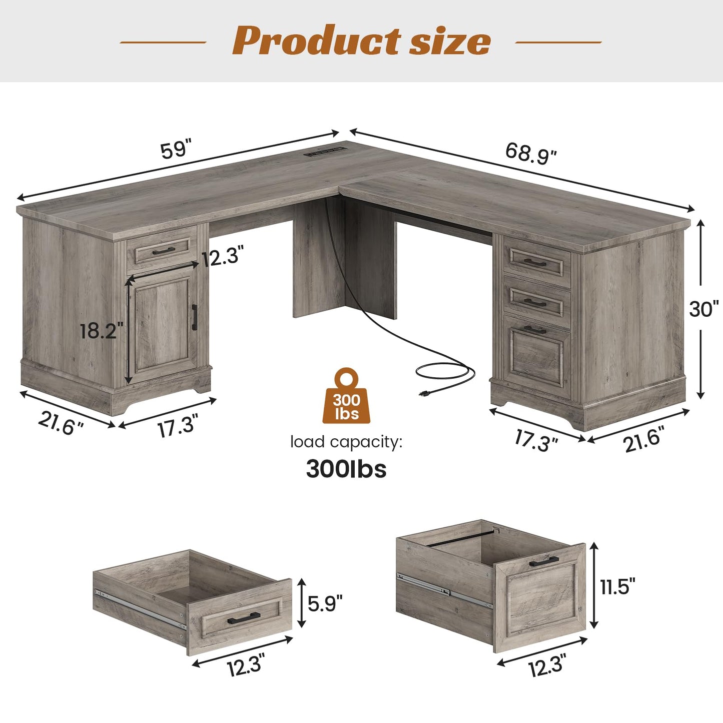 SEDETA 69" L Shaped Desk with Drawers and Storage, Farmhouse Computer Desk with File Drawers and Power Outlet, Corner Executive Desk with Storage Cabinet for Home Office, Grey