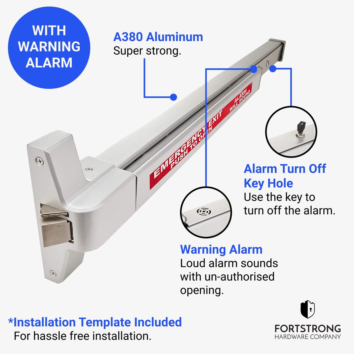 FORTSTRONG Commercial Door Push Bar Panic Exit Device with Alarm - Panic Bars for exit Doors - Loud Warning Strike Bar with Warning Stickers - FS-850A Instructions Included