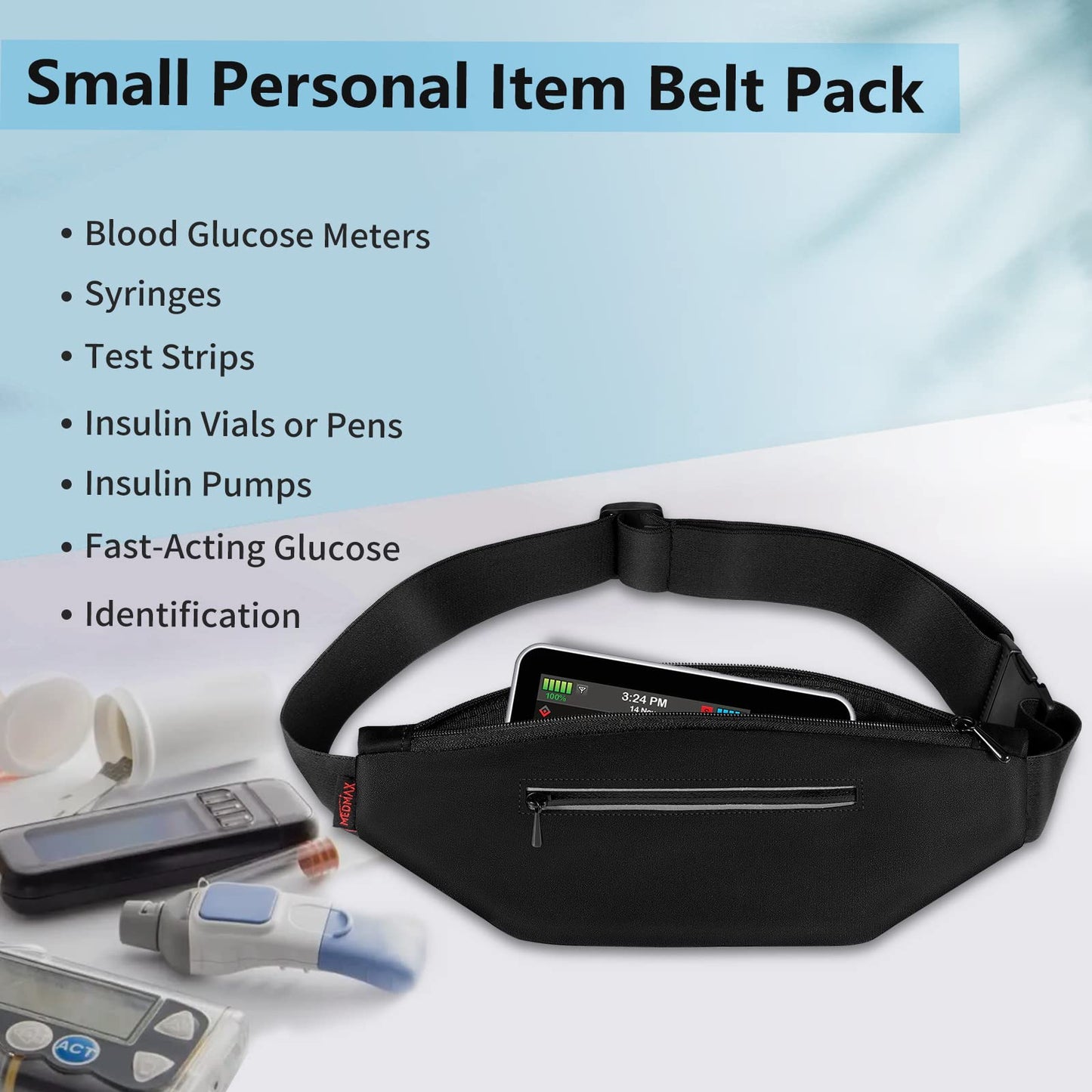 MEDMAX Diabetic Running Belt with Adjustable Waist, Insulin Pump Belt Holder Organizer Waist Pouch, Epipen Medical Fanny Pack Bag (Bag Only) (Black)