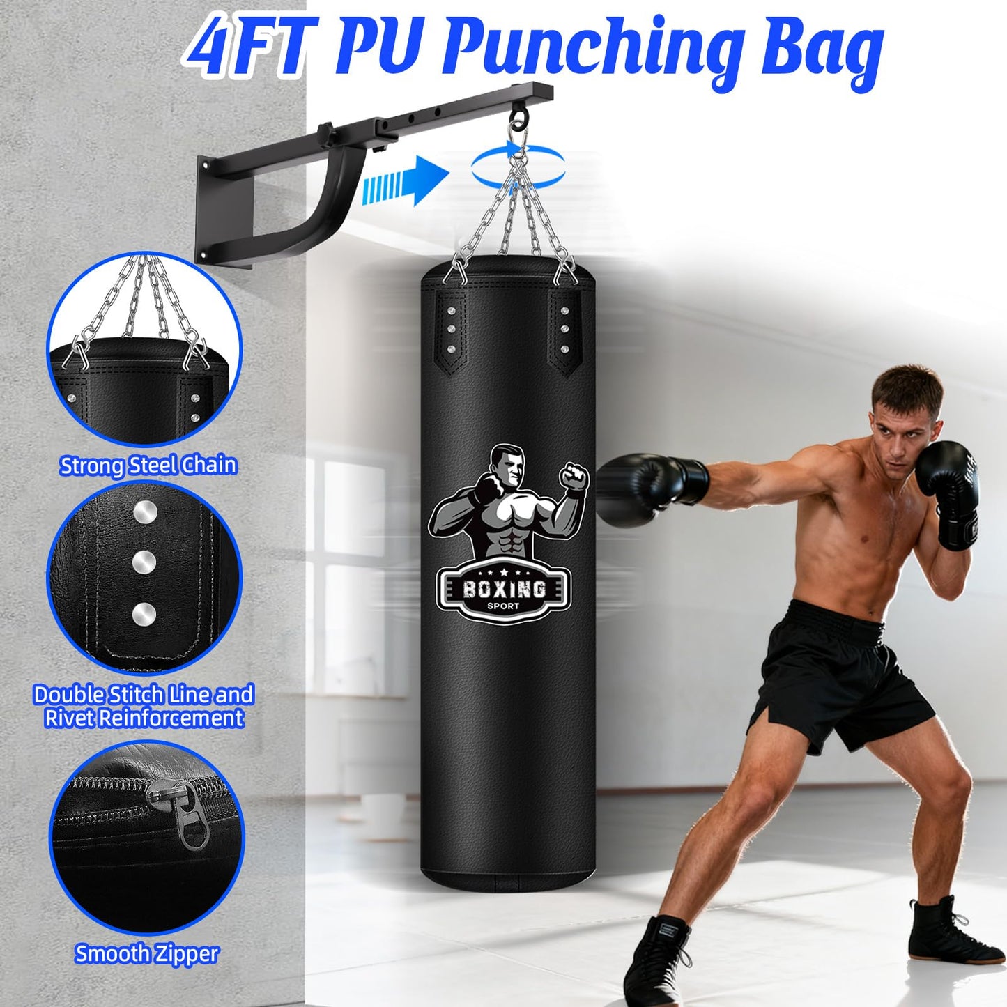 Hanging Punching Bag for Adults with Adjustable Boxing Wall Mount and Boxing Gloves, Wall Punching Bag Boxing Set for Home Gym Training Muay Thai MMA