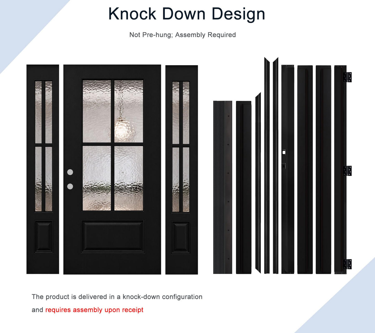 Front Entry Door with 14 in. Sidelite, 68 x 80 Smooth Black Fiberglass Door, 4-Lite Hammered Glass Transitional Design, Right-Hand Inswing