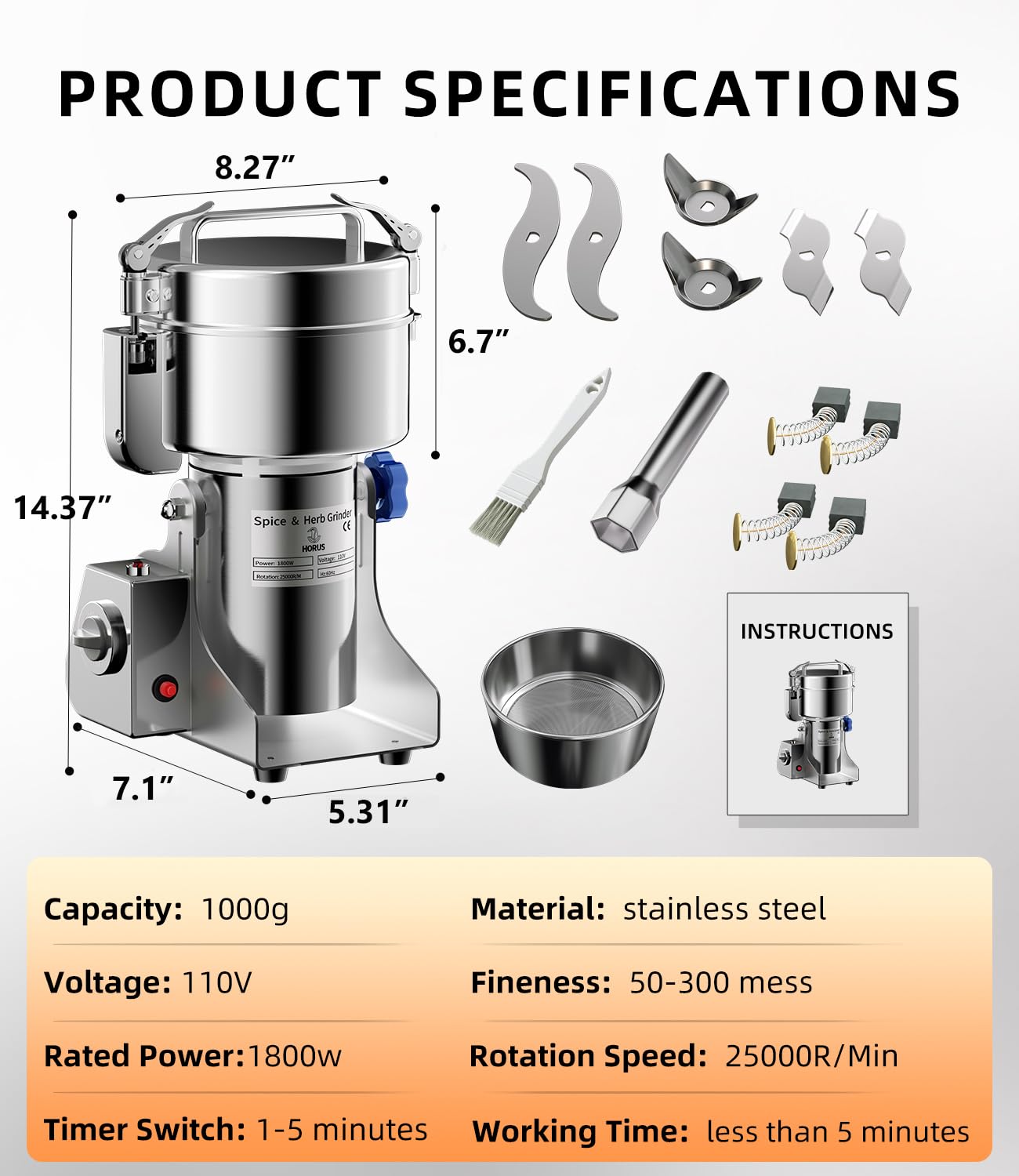 Electric Grain Mill 1000g, Flour Grinder Mill Stainless Steel for Home, Counter Grain Grinder for Wheat, Rice, Wheat Berry, Corn, Herbs, Spices