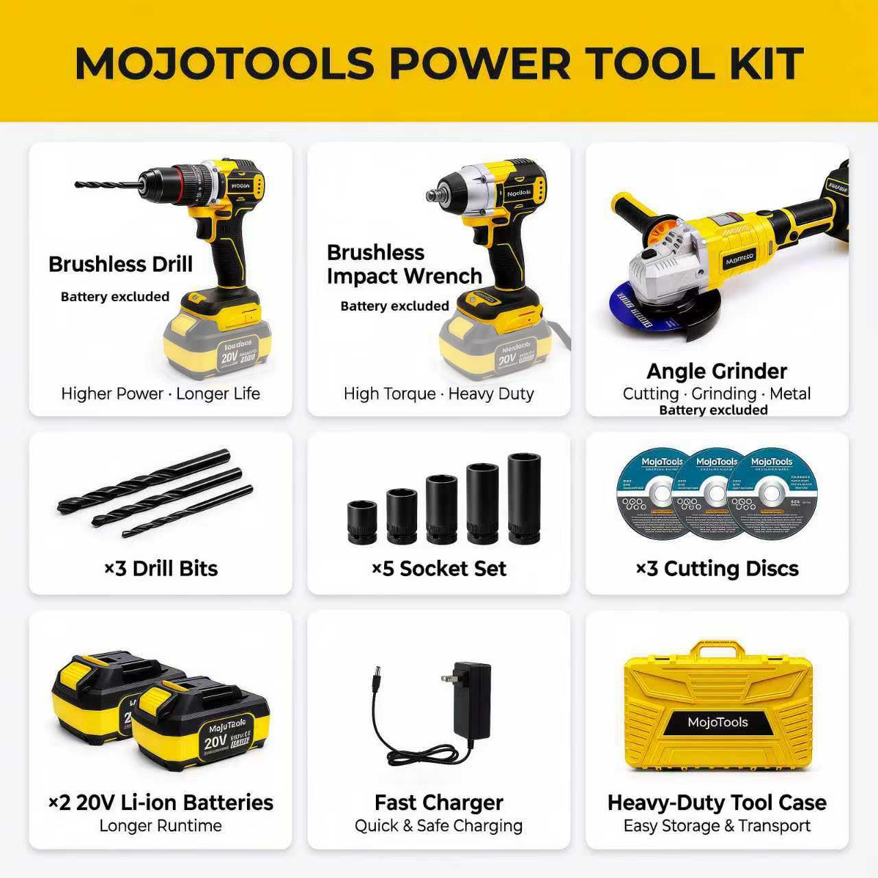 MoJoTools Brushless Cordless Power Tool Combo Kit for Heavy DIY & Semi-Professional Use – 50Nm Drill Driver, 380Nm Impact Wrench, 5" Angle Grinder LCD, 2×3000mAh Batteries, Carry Case &&Accessories