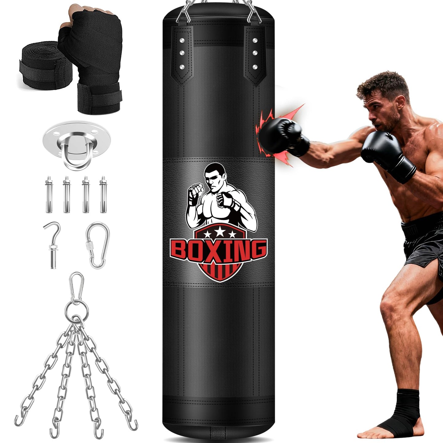 Punching Bag for Adults, 4FT Oxford Heavy Boxing Bag with Chains and Hand Wraps, Boxing Equipment for MMA Karate Kickboxing, Unfilled