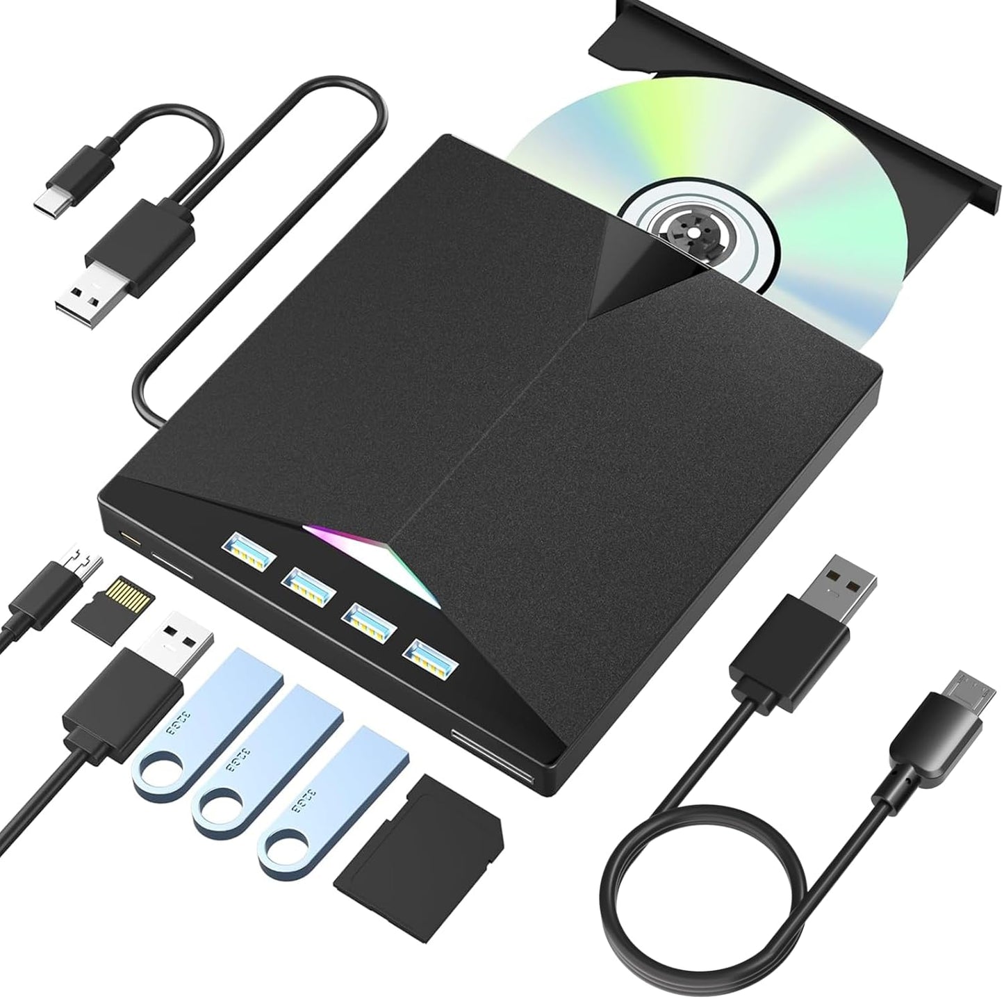 Alphami 7-in-1 2 3.0 External CD/DVD Drive for Laptop, External DVD Drive with USB Ports, External DVD Burner
