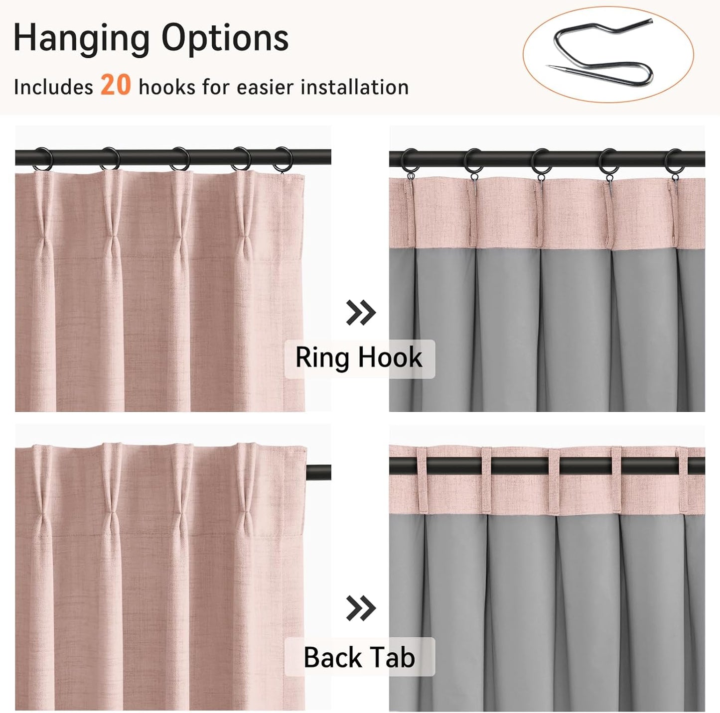 Skiennix 100% Blackout Curtains - Faux Linen Pinch Pleated Drapes, 96" Long, Blush Pink, 2 Panels Set