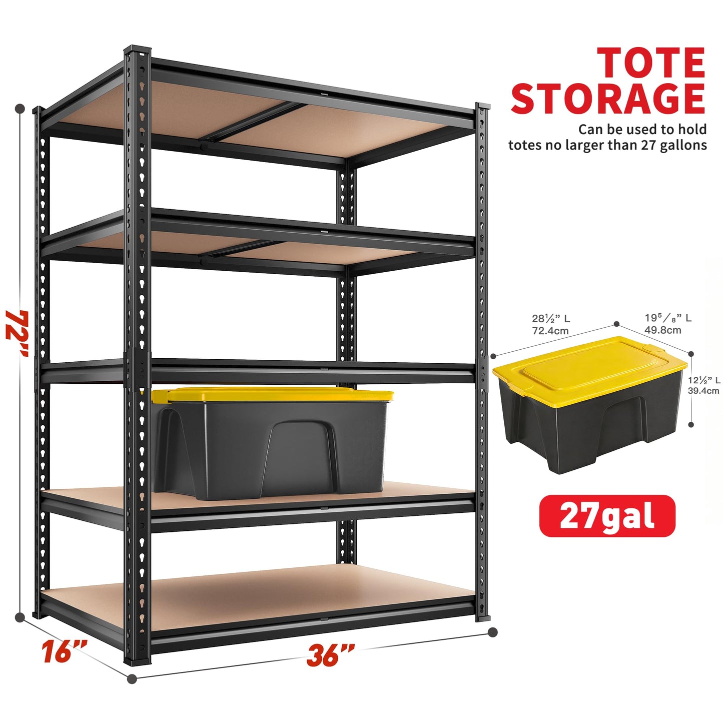 REIBII 2400LBS Garage Shelving 5 Tier Storage Shelves Heavy Duty, Adjustable Metal Shelving Unit,Garage Shelves for Basement,Warehouse,Pantry,Closet,Kitchen 72" H x 36" W x 16" D,2 Pack