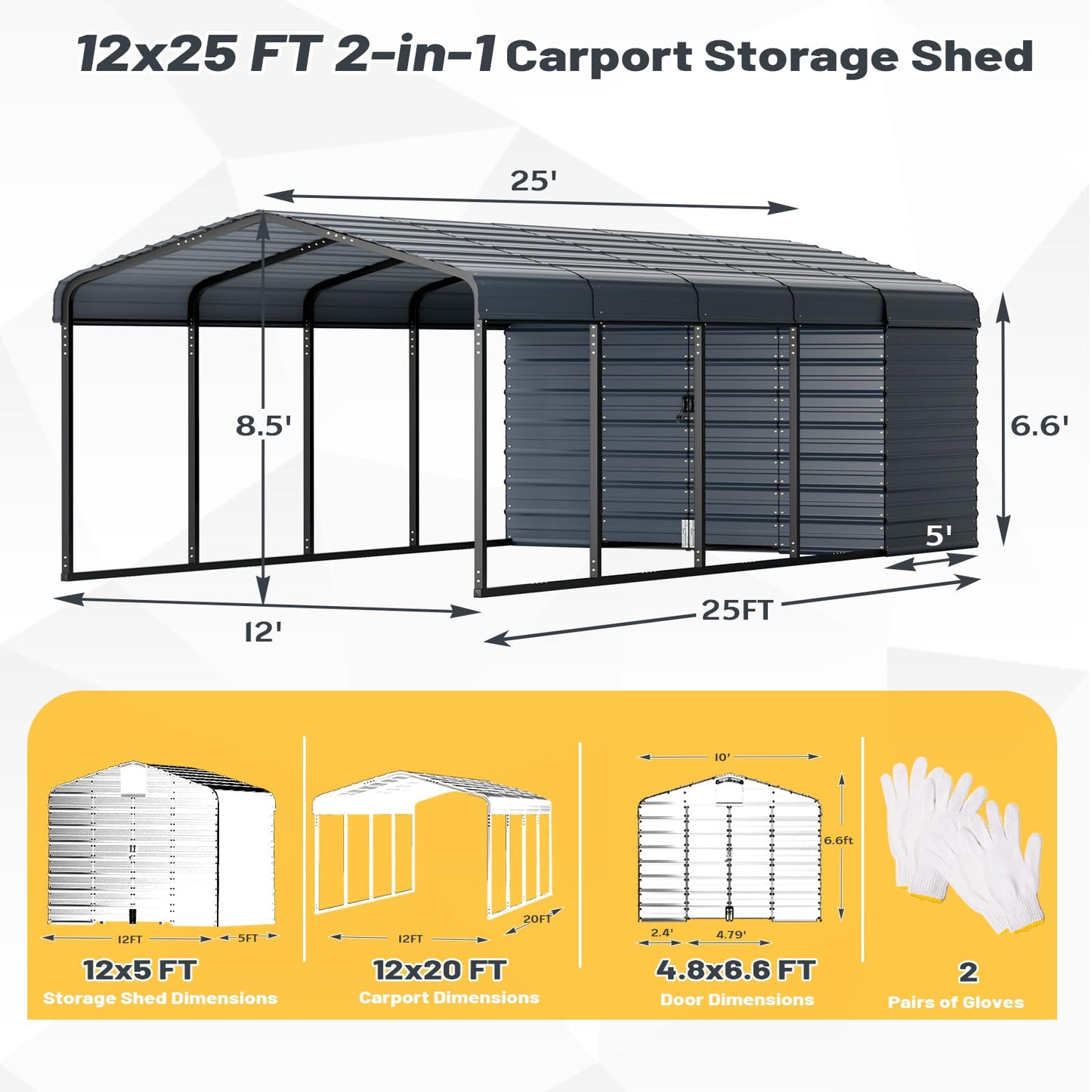 EROMMY 12x25 FT Metal Carport with Side Storage, Heavy Duty Enclosed Carport with Lockable Storage Room, Galvanized Steel Vehicle Shelter for Car, Truck & Tools