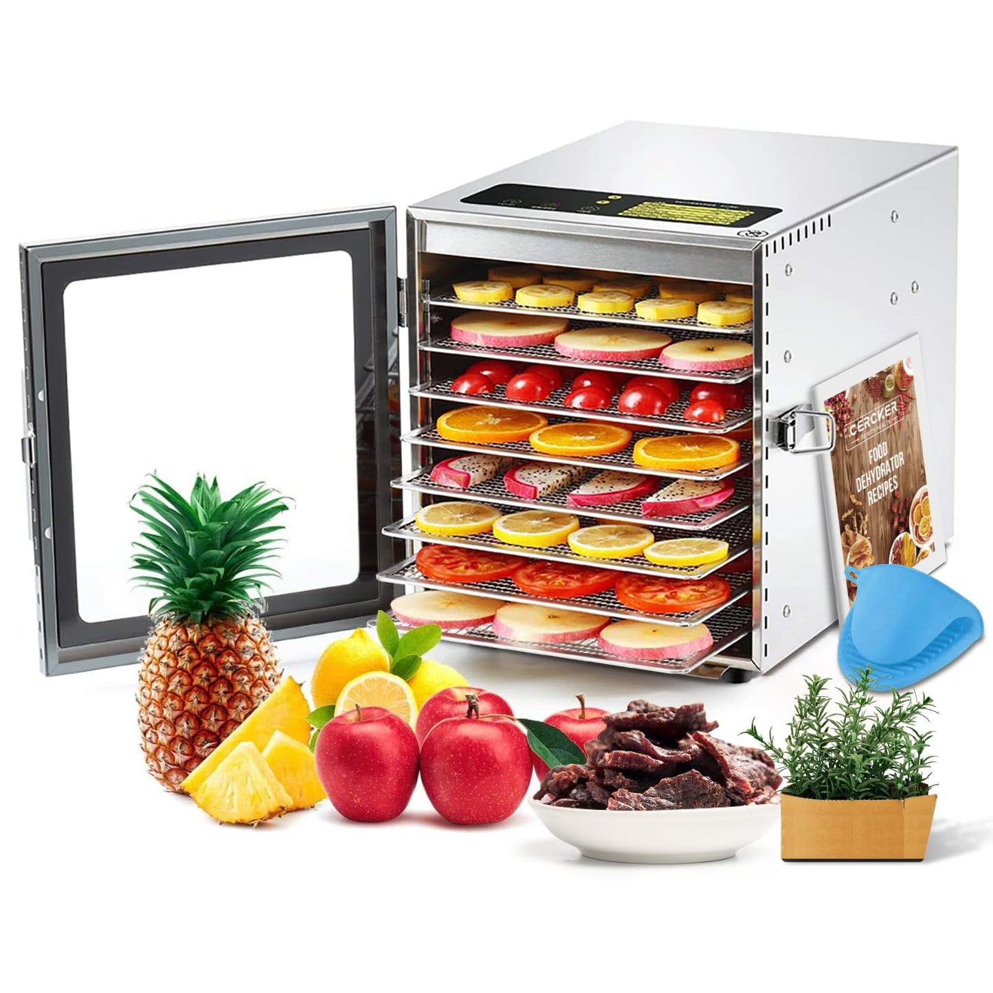 Cercker Food-Dehydrator Machine 8 Stainless Steel Trays, 500W Jerky Dehydrator for Meat, 190ºF Mushroom Dryer, 24H Timer Fruits Dryer for Herbs, Veggies, Yogurt & Dog Treats