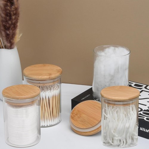 BKYFPQ Glass Qtip Holder Dispenser Set - 4 Apothecary Jars with Lids for Makeup & Bathroom Storage