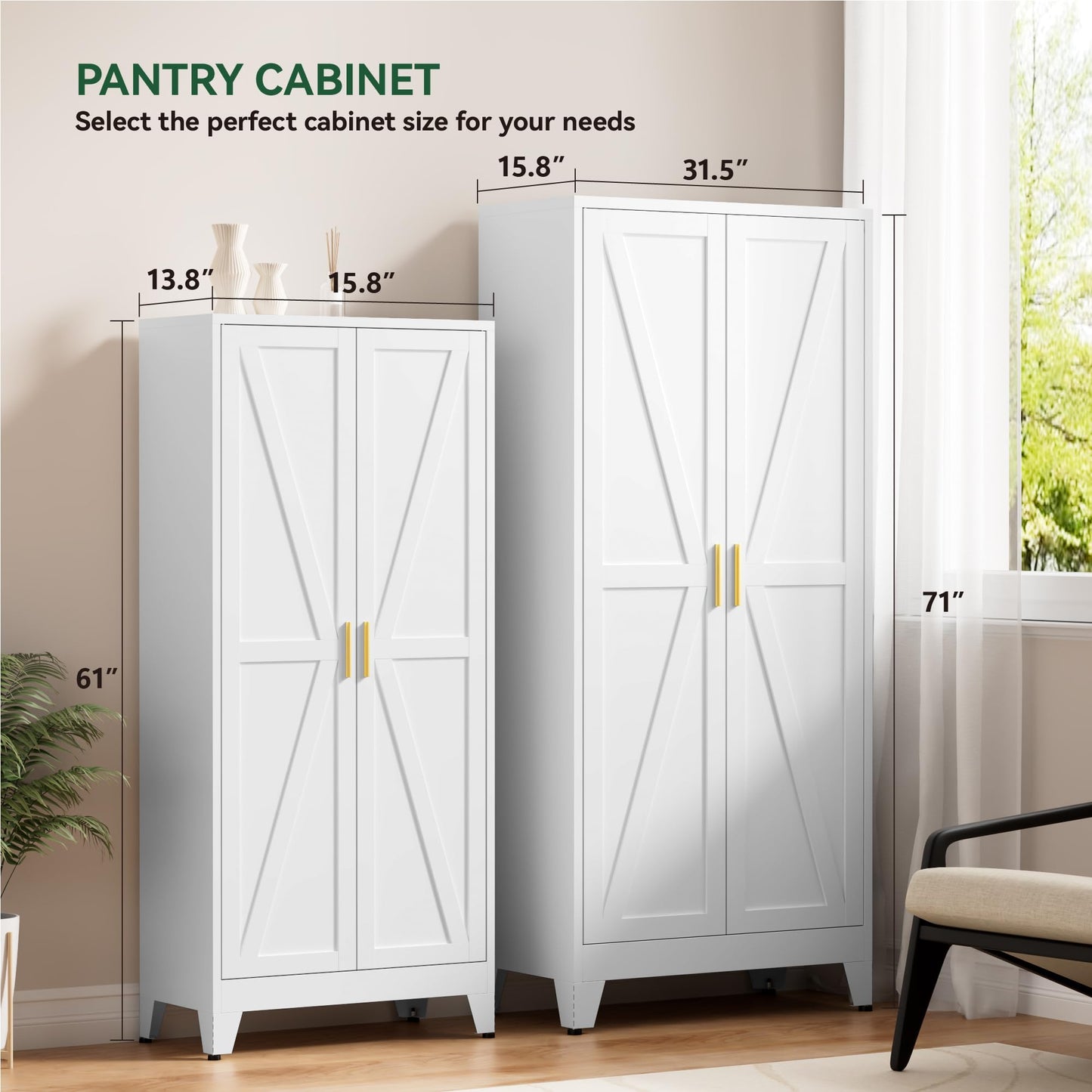 YNIQUESTLE Kitchen Pantry Cabinet,71" H x 31.5" W,Metal Farmhouse Storage Cabinet with Adjustable Shelves and Barn Doors,5-Tier Storage Cabinet for Kitchen Dining Room Garage,White 1 Pack