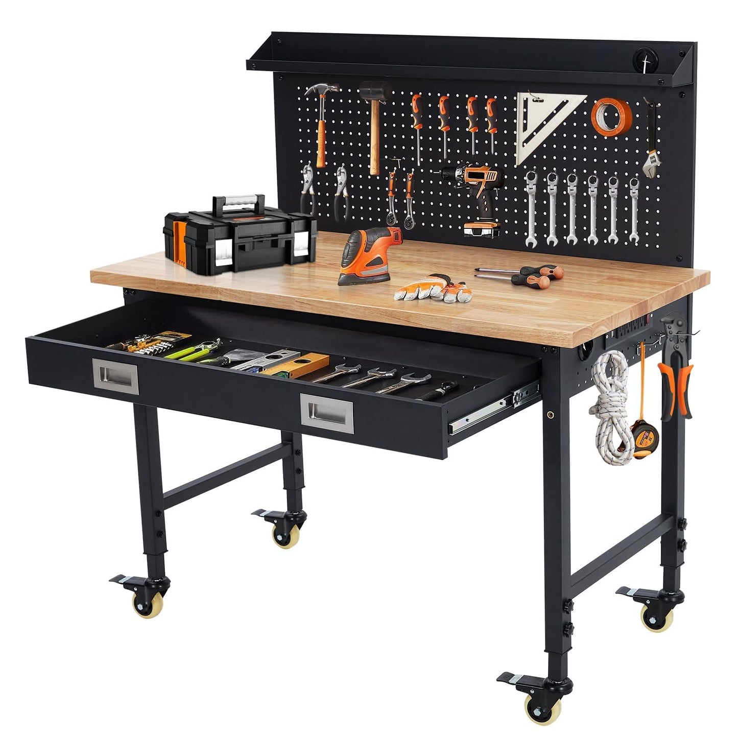 48" Adjustable Workbench with Wheels, 2000 LB Capacity, Power Outlets, Solid Hardwood Top, Heavy Duty Garage Work Table for Workshop, Home Office, DIY